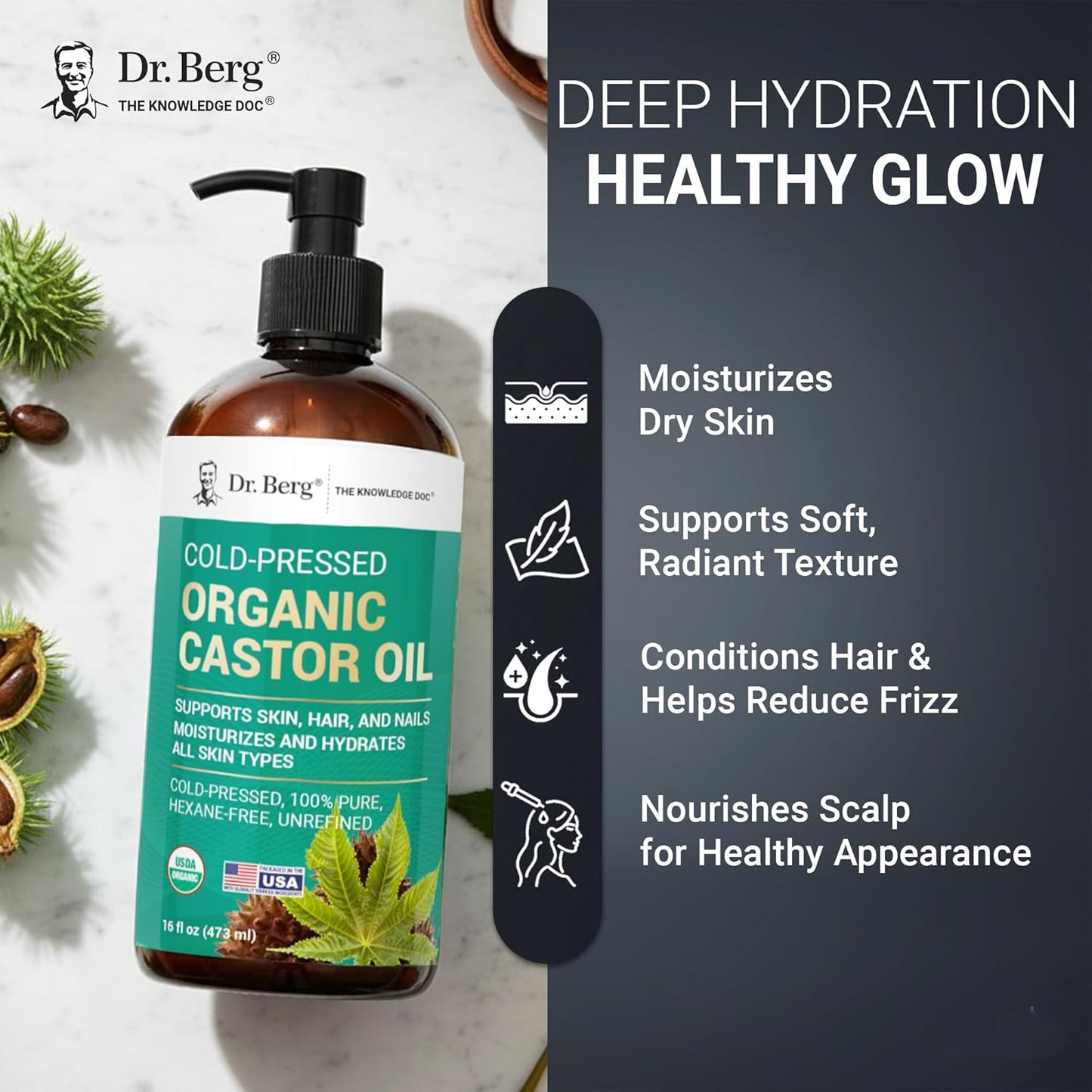 Organic Castor Oil - 16 fl oz Cold-Pressed Pure & Unrefined | USDA Organic, Lab Tested, Glass Bottle