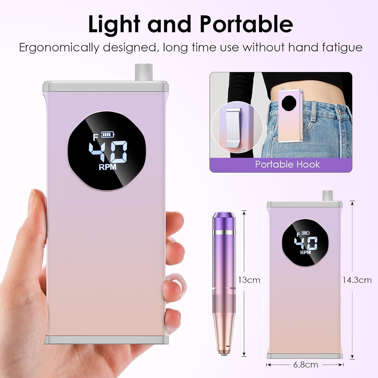 Electric Nail Drill - 40000RPM Professional E-Filer with 15 Bits | Portable Acrylic Gel Nail File (Purple)
