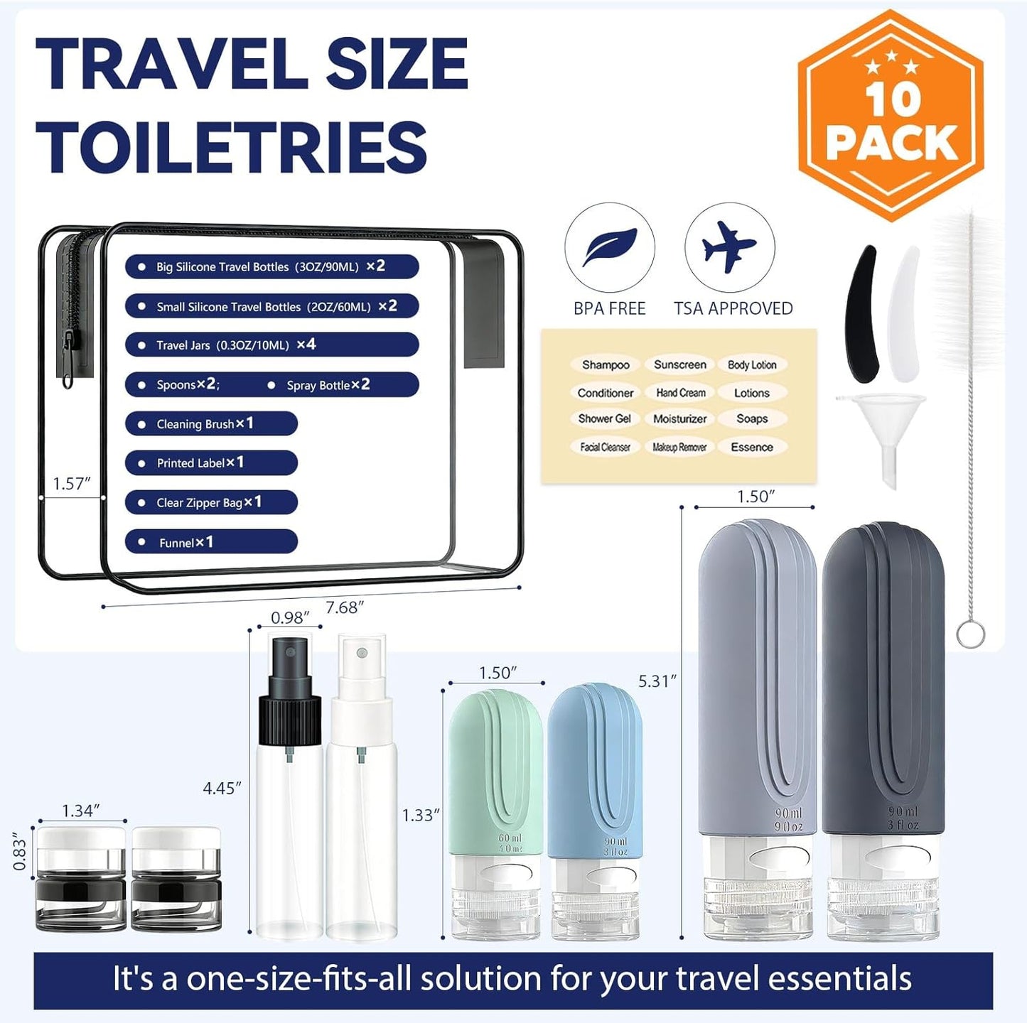 Travel Bottles for Toiletries - TSA Approved Leak Proof Silicone Set | 10 Pack Gray Containers
