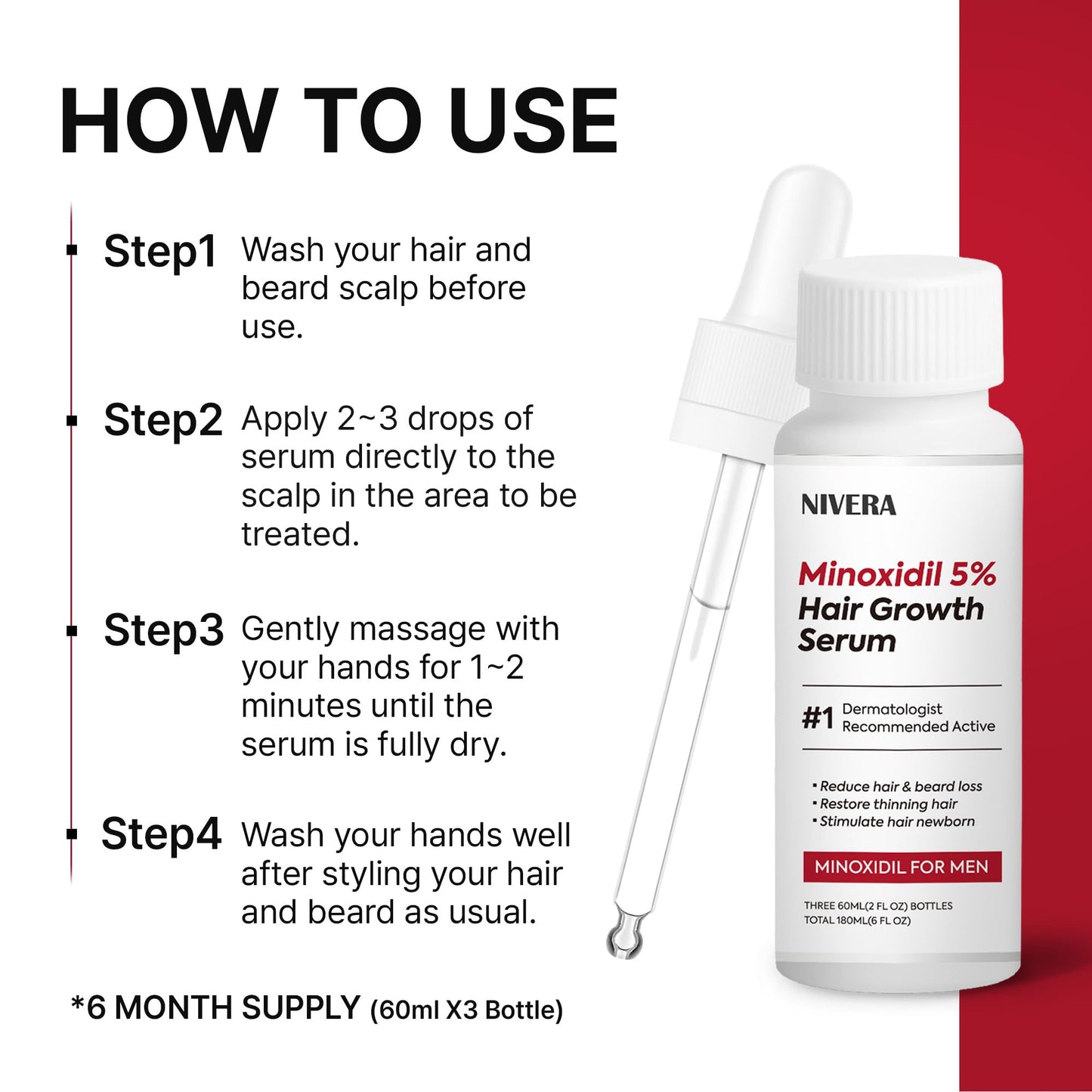 NIVELA 5% Minoxidil for Men Hair Growth: 3 x 60ml Bottles Extra Strength Beard Growth kit - Rapid Regrowth Serum for Thinning Hair Morning/Night Care