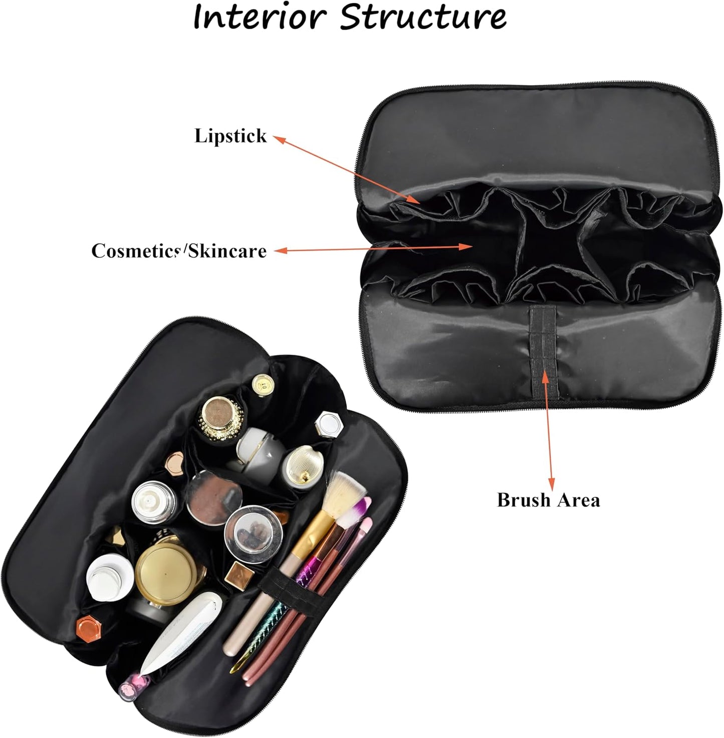 Travel Makeup Bag - Waterproof Stand Up Cosmetic Organizer with Brush Holders | Large Black Design for Skincare & Toiletries