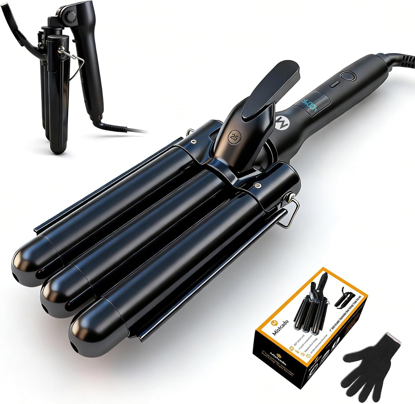 3 Barrel Curling Iron - 1 Inch Ceramic Tourmaline Hair Waver Wand with LCD Display | Fast Heating, Travel-Friendly, Black