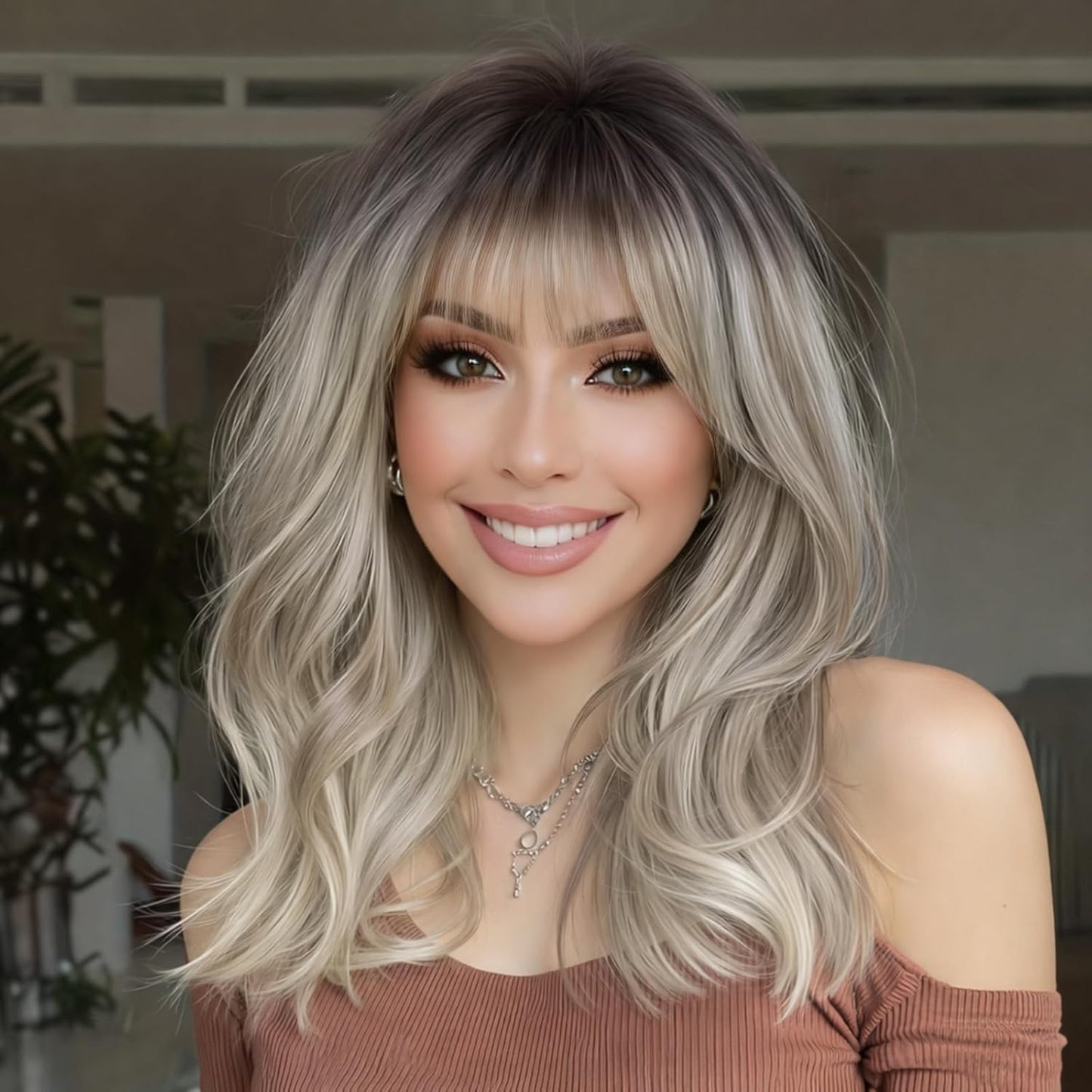 Black Wig with Bangs - 4x4 Realistic Scalp Layered Wavy Synthetic Wig | 18 Inch Natural Look for Daily Use