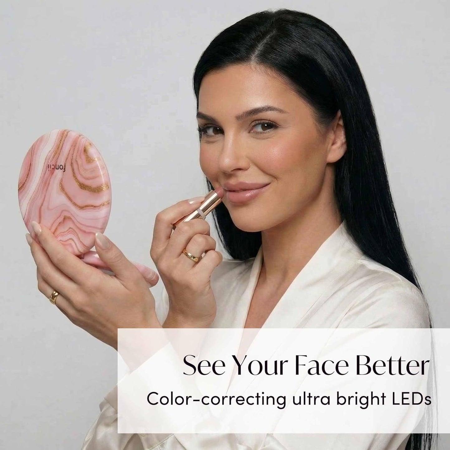 LED Travel Makeup Mirror - Rechargeable 10x/1x Magnification | Tru-Glow Lighting, XL 5” Wide, Marble Rose