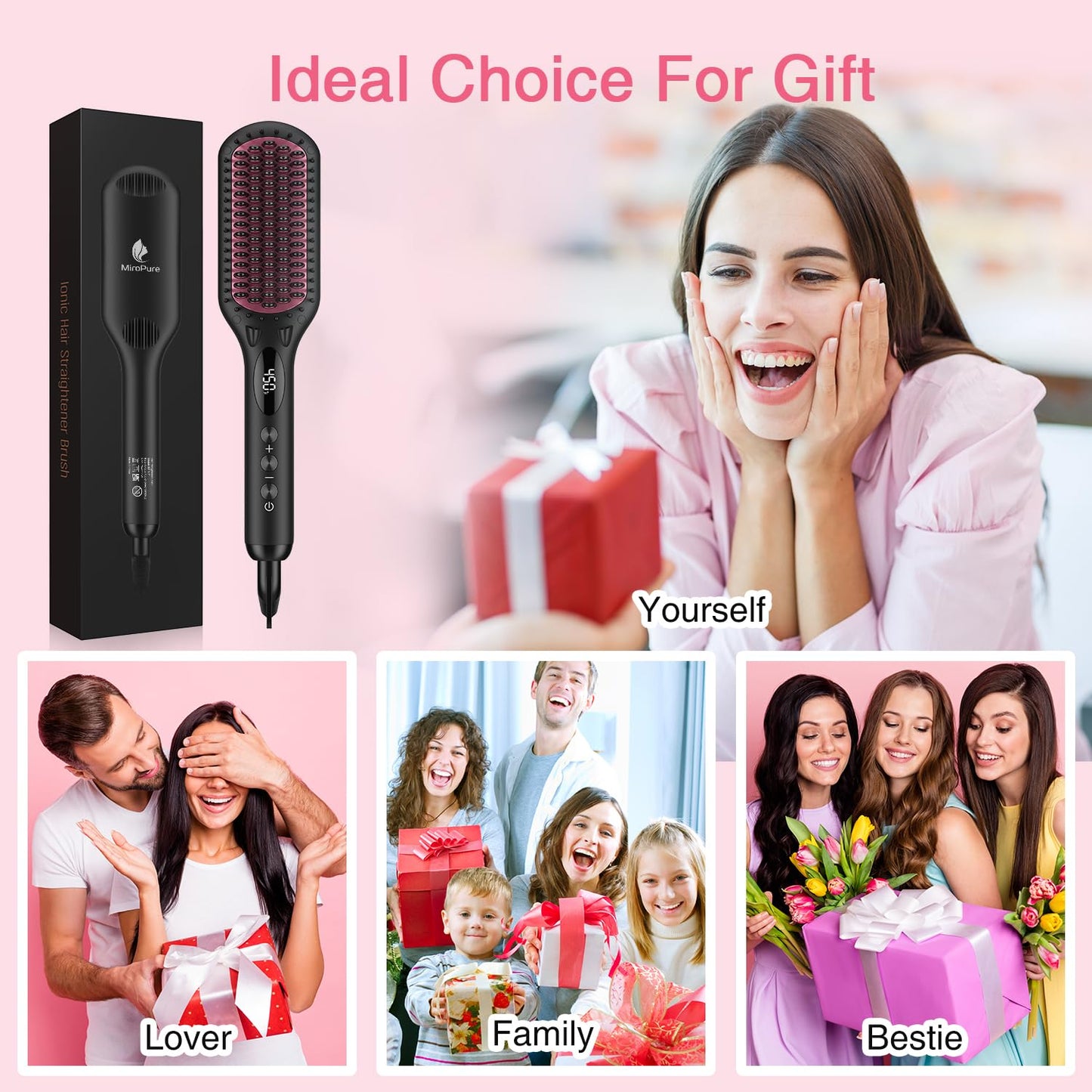 MiroPure Enhanced Ceramic Hair Straightener Brush - 2-in-1 Ionic Styling Tool with Anti-Scald & Auto-Off Features | Black