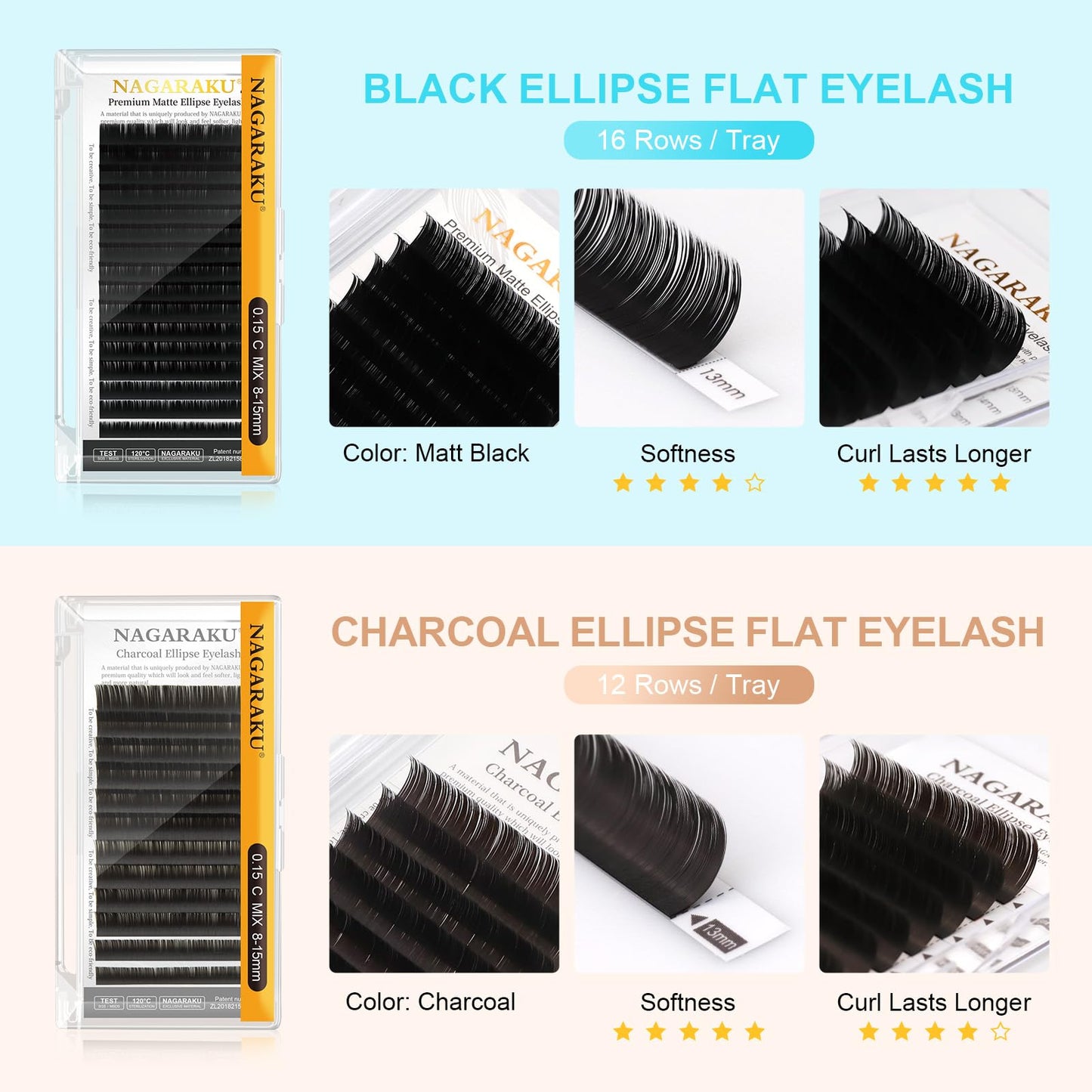 NAGARAKU Double Tips Flat Ellipse Eyelash Extensions Supplies 0.15 C curl 8-12mm Mix Natural Charcoal Color Faux Mink Super Soft Split Tips Individual Lashes