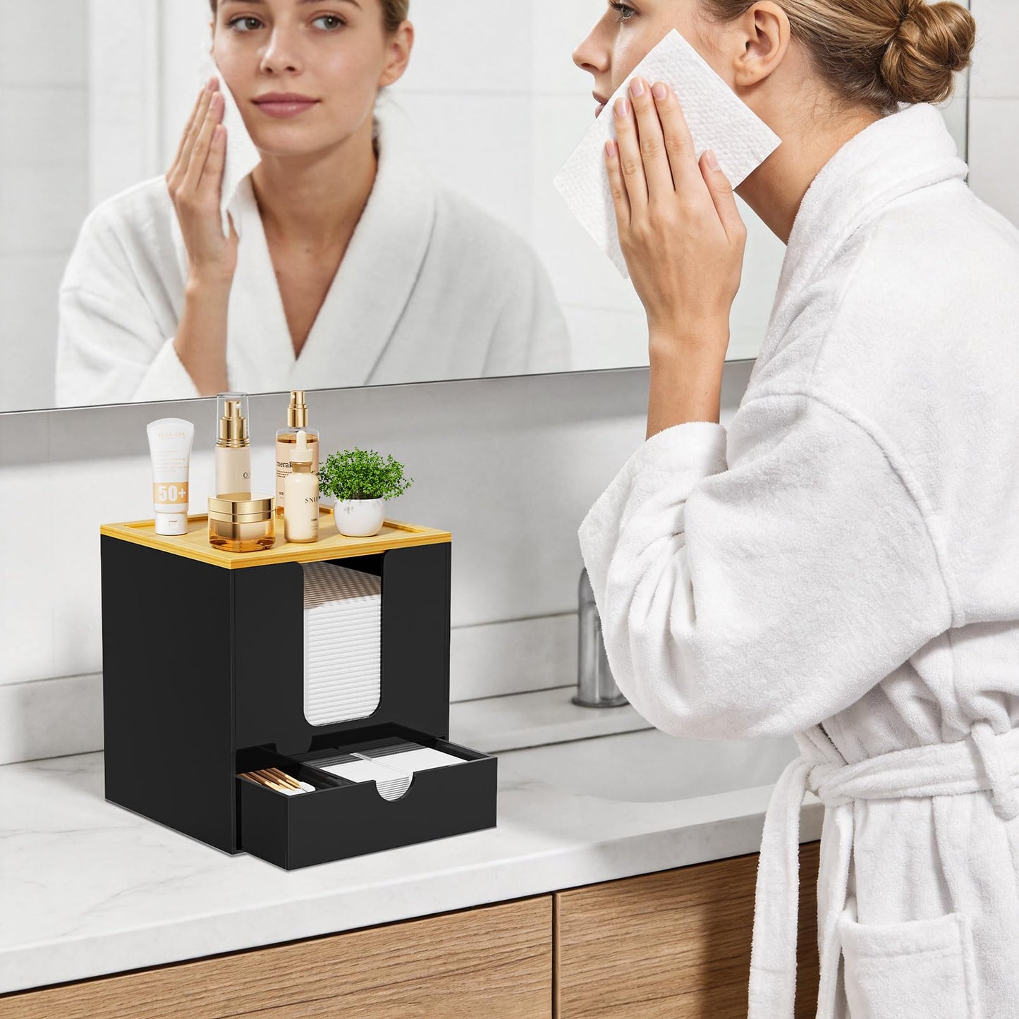 VITVITI Disposable Face Towel Holder for Clean Skin Club, Acrylic Bamboo Facial Towel Holder Box with Drawer, XL Face Towels Container for Bathroom Vanity Makeup, Black