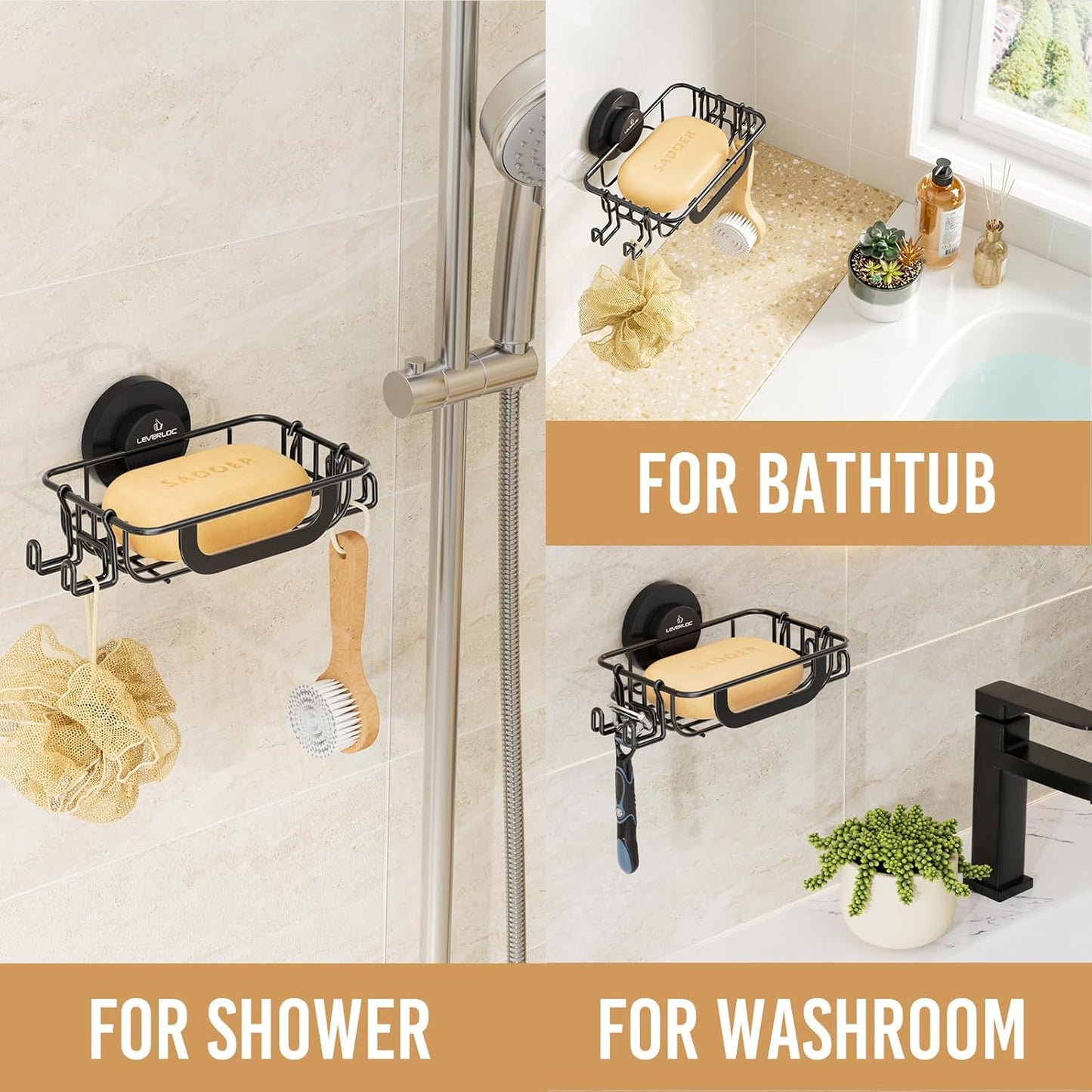 LEVERLOC Bar Soap Holder - Rustproof Stainless Steel Shower Soap Dish with Hooks | Black