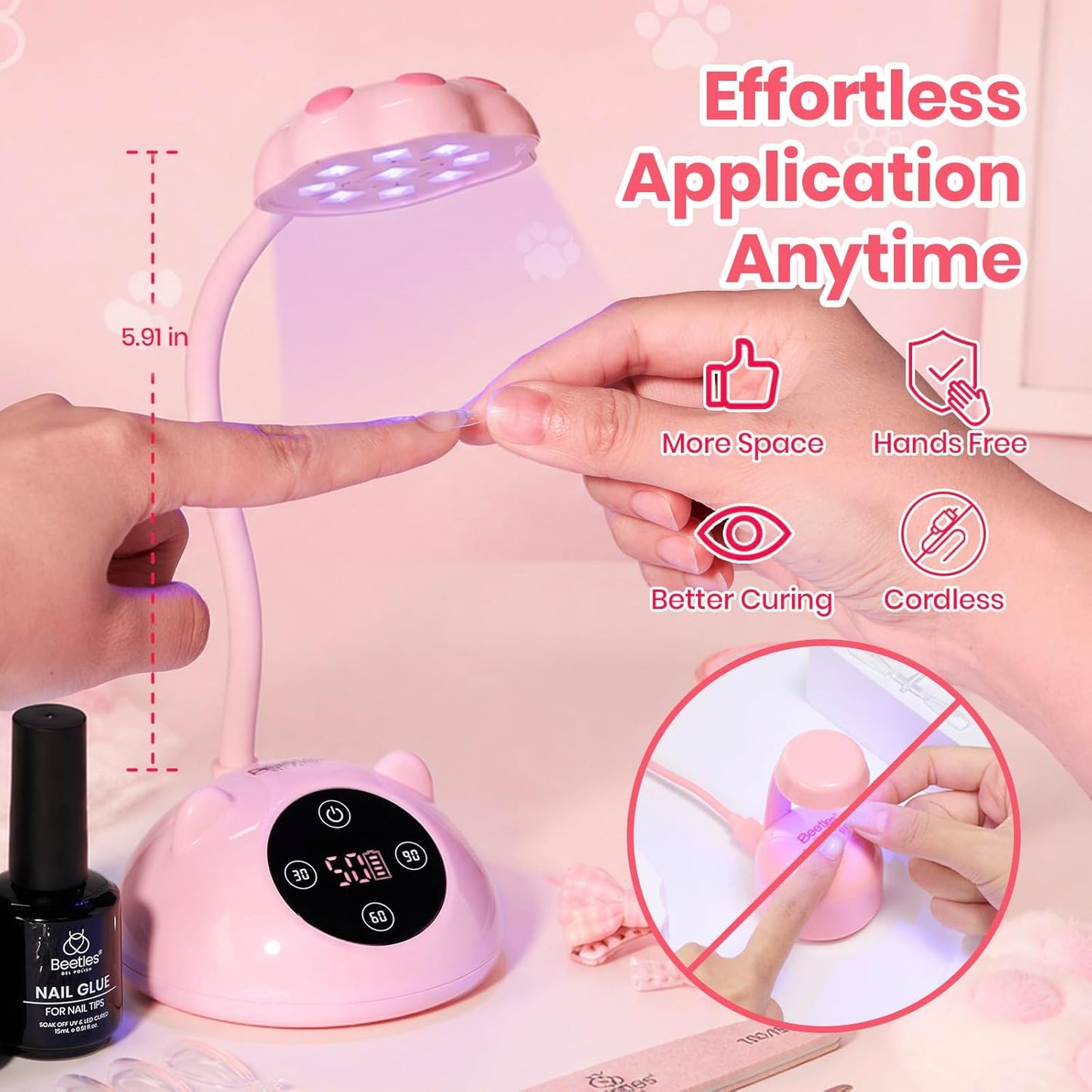 Beetles Gooseneck Flash Cure Nail Lamp - Cordless UV Nail Dryer with Smart Sensor | 2000mAh Rechargeable, 36 mW/cm²