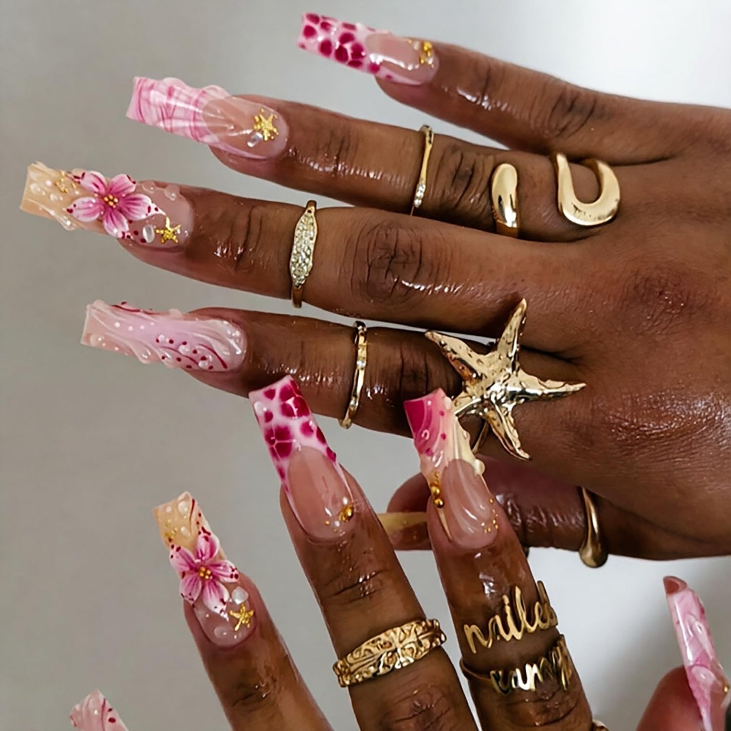 French Tip Press-On Nails - 30pcs Medium Almond Acrylic with 3D Flower & Pearl Design | Reusable Summer Nail Art