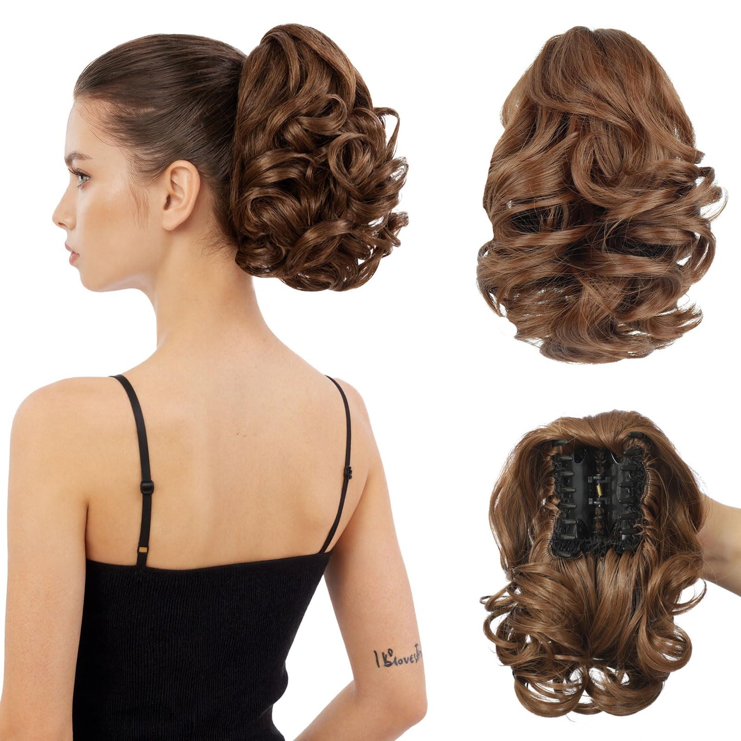 HEWEICSY Ponytail Extension, Clip on Ponytails for Women, 9" Claw Clip in Short Curly Wavy Pony Hair Extension for Women - Light Golden Brown