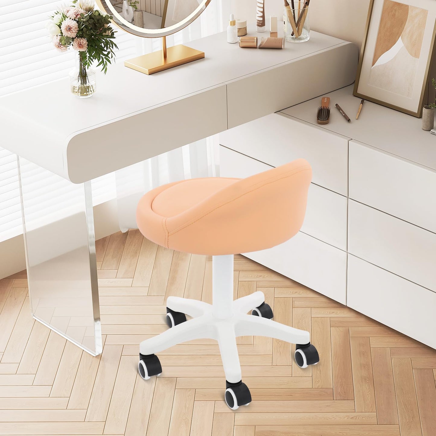 Titunjian Rolling Stool Chair with Backrest Round PU Leather Swivel Salon Stool Adjustable Height Drafting Tattoo Office Chair for Spa Salon Tattoo Massage Dental Office (Orange)