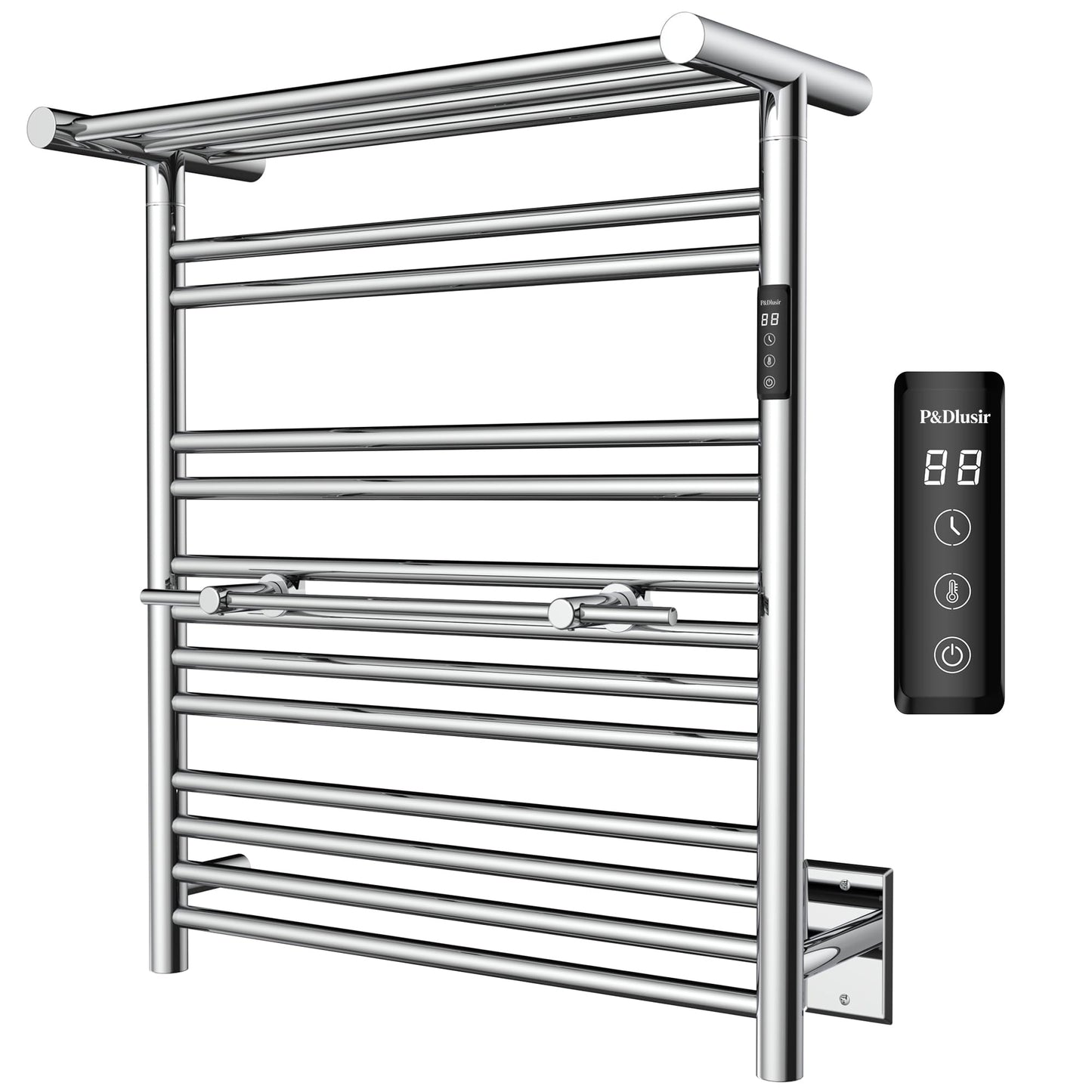 P&Dlusir E201T Heated Towel Rack with Top Shelf, Polished