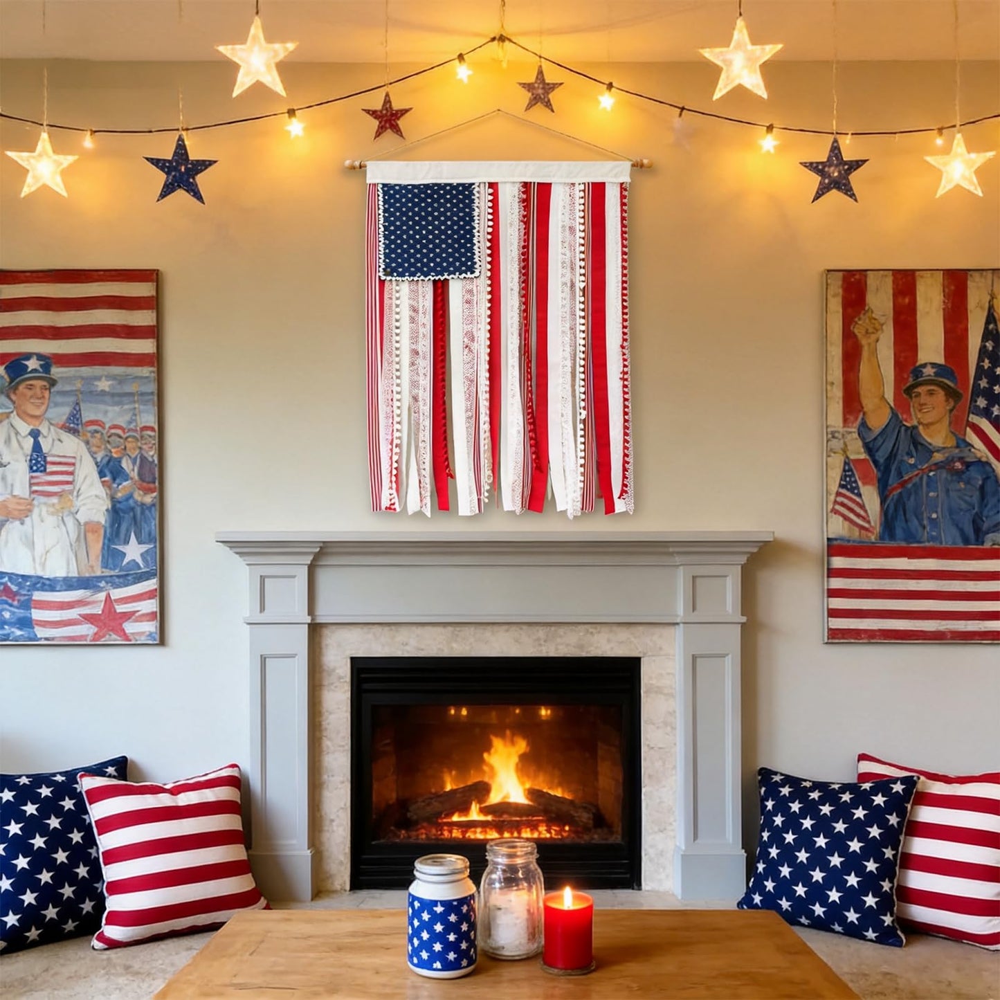 Lighted Rag American Flag Banner, 4 x 2.3 Ft American Flag Banner, 4th of July Decorations Independence Day Retro American Flags Bunting for Outdoor Garden Yard Home Party (2pcs)