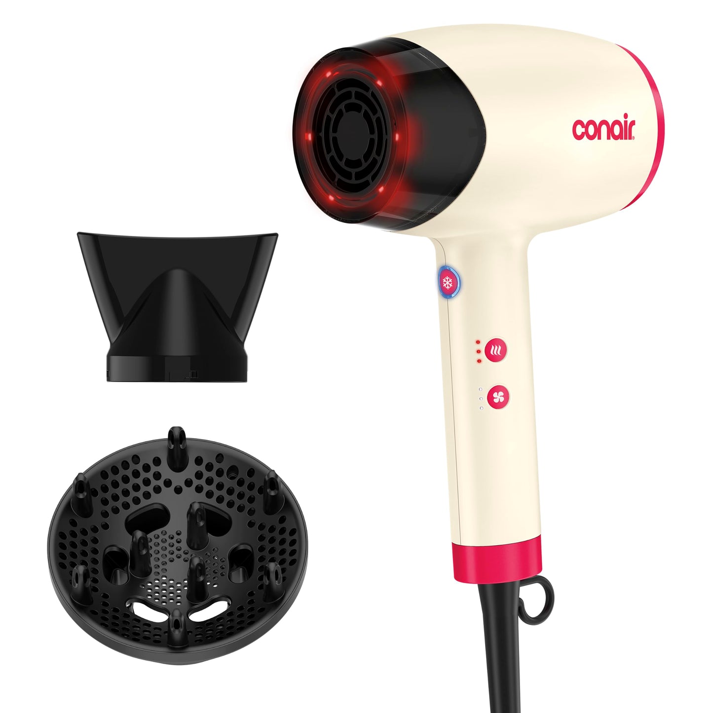 Conair InfinitiPRO Infrared Hair Dryer with Dual Ionic Conditioning, Includes Diffuser & Concentrator, Fast Drying Blow Dryer for Frizz Reduction, 3 Heat/Speed Settings, White, 1999