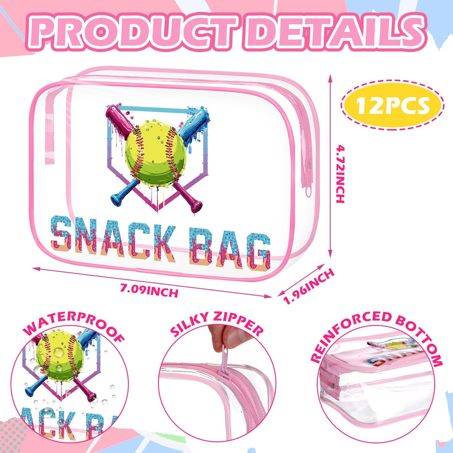 Sunnymove 12 Pcs Softball Party Favors Ice Cream Drip Snack Bags Cute Sport Gifts for Girls Women Makeup Bag Bulk Clear PVC Cosmetic Case Travel Handbag for Team Gift, 7.09 x 4.72 x 2.36''