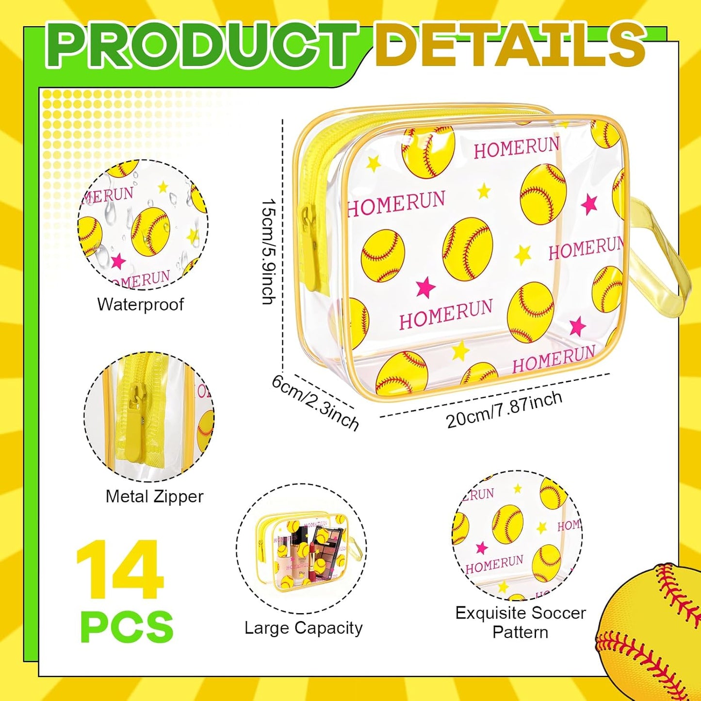 Softball Cosmetic Bag Set - 14PCS Waterproof Clear PVC Makeup Organizer | Zipper Toiletry Pouch for Girls & Team Players