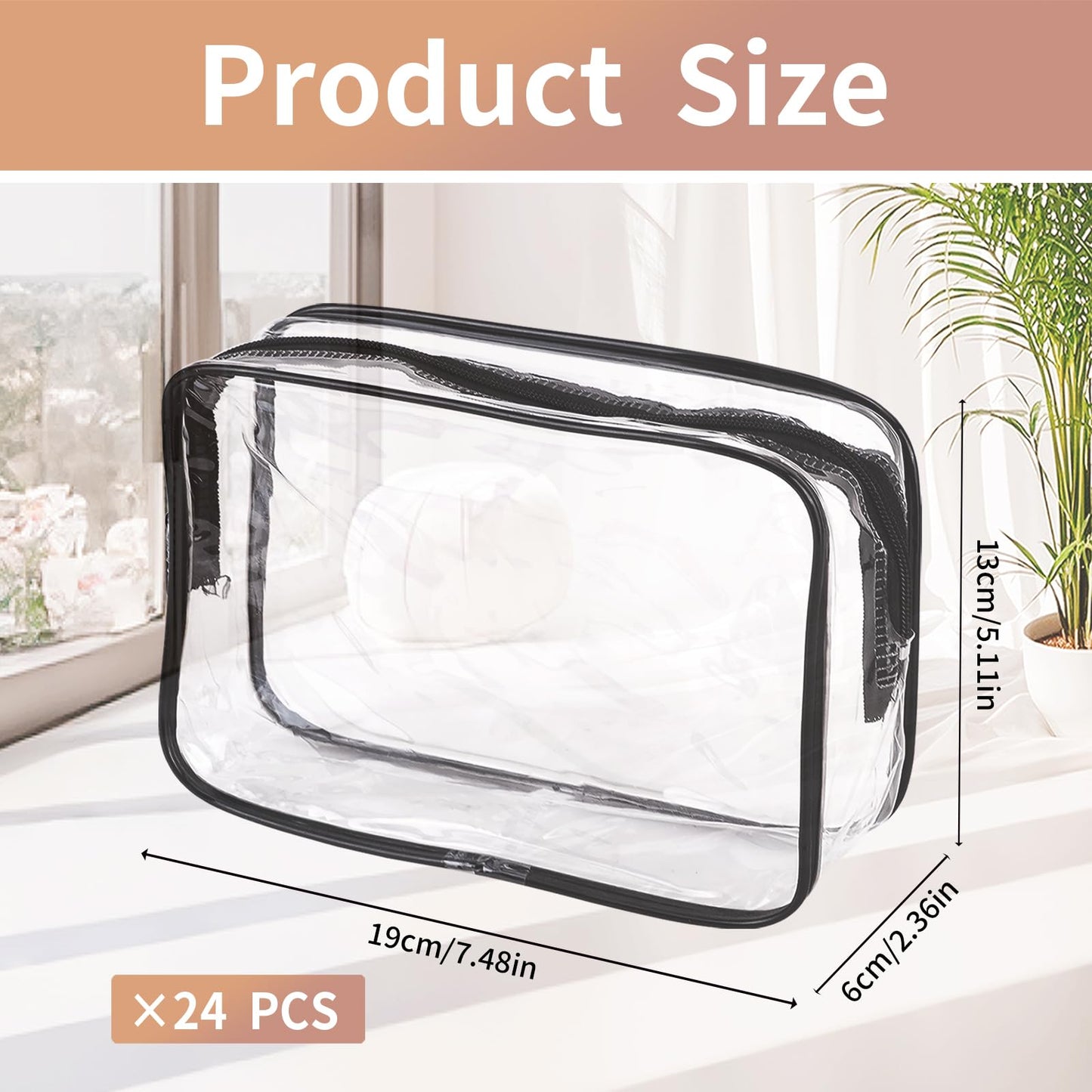 QLFJ-FurDec 24 PCS Clear Makeup Bag with Zipper, Waterproof Transparent Toiletry Bag Organizer, PVC Portable Cosmetic Bags for Women Men Traveling Vacation Bathroom Home (Black)