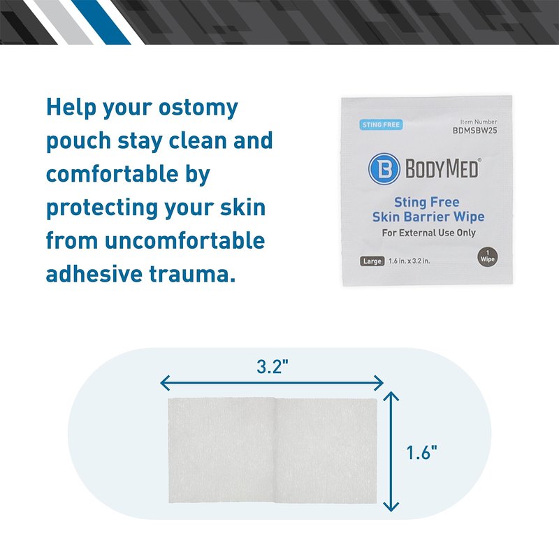 BodyMed Skin Barrier Wipes - Ostomy Care Film Wipes for Skin and Wound Cleaning - No Sting Formula - 1.6 in. x 3.2 in., Individually Wrapped, 25 Pack