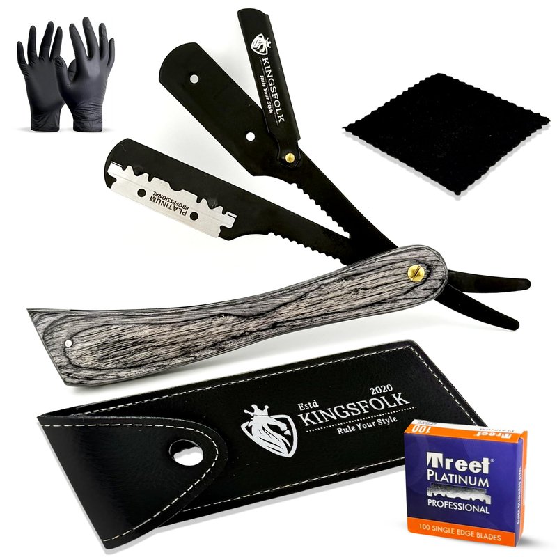 Kingsfolk Professional Straight Razor Kit for Men – Wooden Handle Razor with 100 Platinum Blades, Leather Case, Nitrile Gloves & Cleaning Cloth – Barber Grade Wet Shave Set