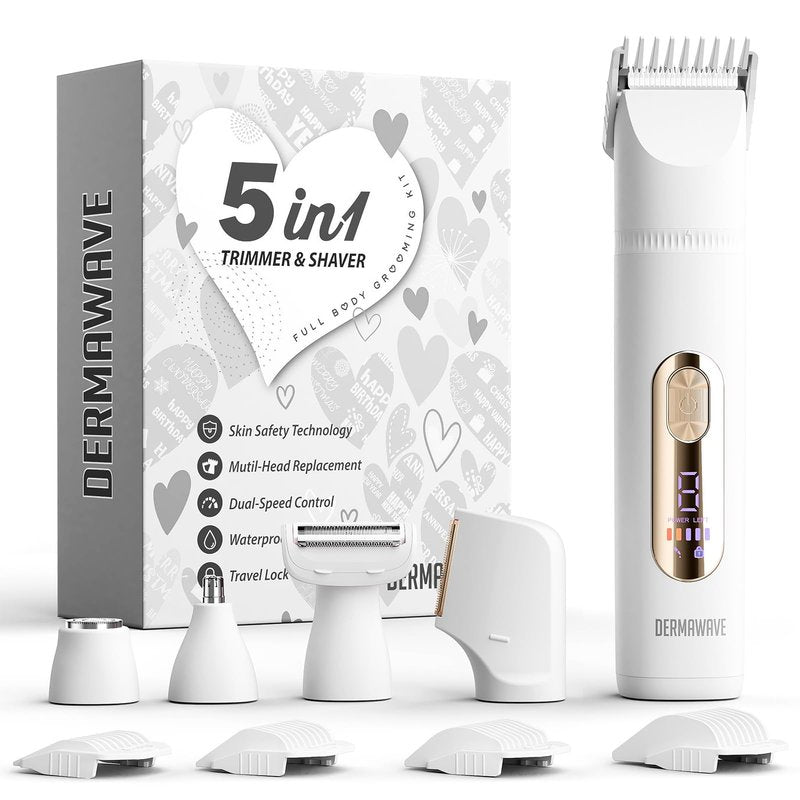 DERMAWAVE 5-in-1 Electric Bikini Trimmer for Women Pubic Hair, Waterproof Electric Razor Foil Shaver Hair Trimmer Epilator for Face, Nose, Ear, Bikini Line Area, Body, Leg, USB-C Rechargeable, White