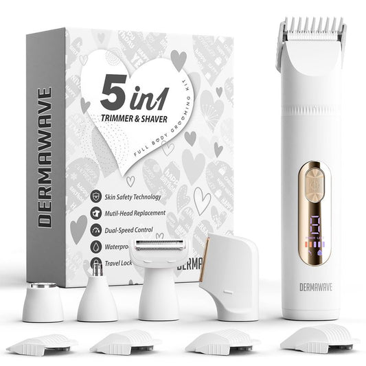 DERMAWAVE 5-in-1 Electric Bikini Trimmer for Women Pubic Hair, Waterproof Electric Razor Foil Shaver Hair Trimmer Epilator for Face, Nose, Ear, Bikini Line Area, Body, Leg, USB-C Rechargeable, White