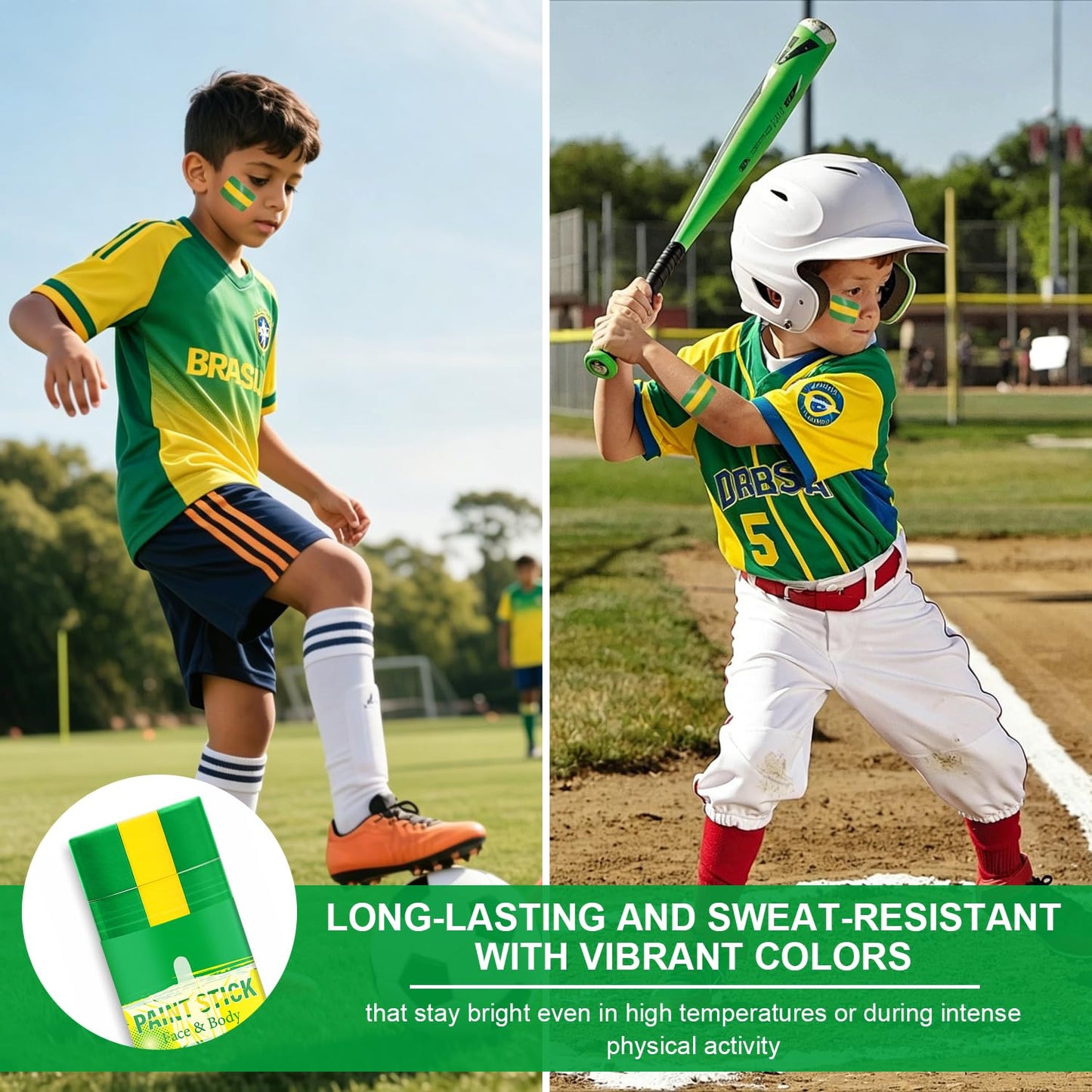 Green Yellow and Green Brazil Face Body Paint Stick for 2026 World Cup Fan Soccer Baseball Softball Sports Eye Black Stick Makeup (Brazil)