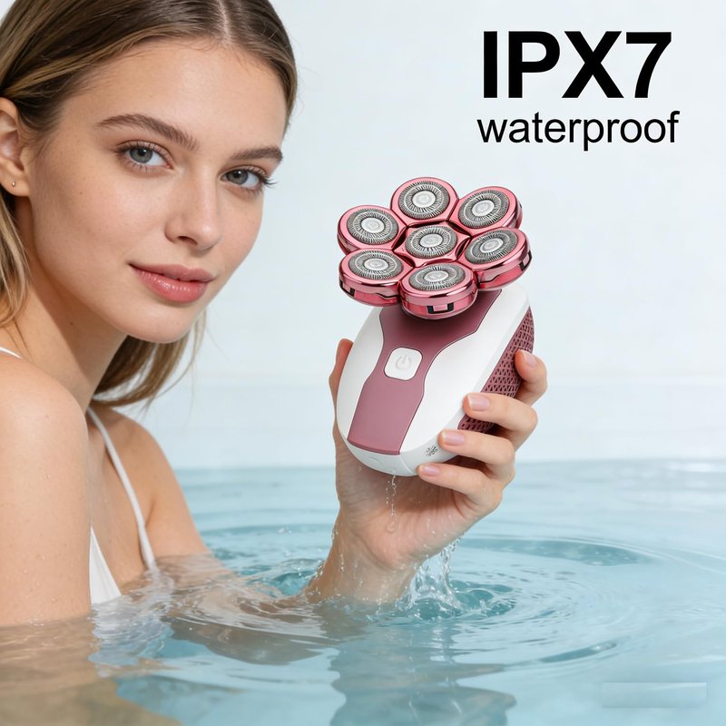 Electric Shaver for Women Legs, IPX7 Waterproof Rechargeable Body Razors with 7-Blade, Facial Hair Remover, Nose Trimmer & Cleansing Brush, Wet/Dry Lady Bikini Trimmer Grooming Kit Gift for Her