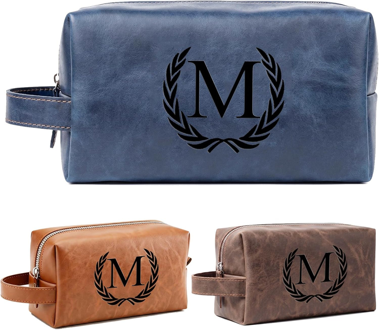 Personalized Leather Toiletry Bag for Men | Engraved Initial Waterproof Travel Bag - Dark Brown