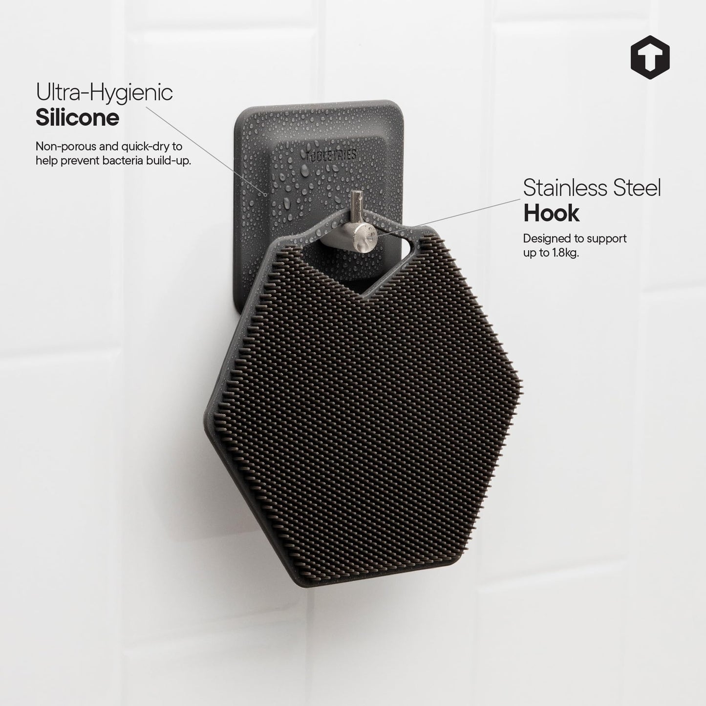 TOOLETRIES Arnold Silicone Shower Hook, Adhesive Hooks for Inside Shower, Waterproof Bathroom Organizer for Razors, Loofahs & Bathroom Accessories, Removable & Reusable - Charcoal