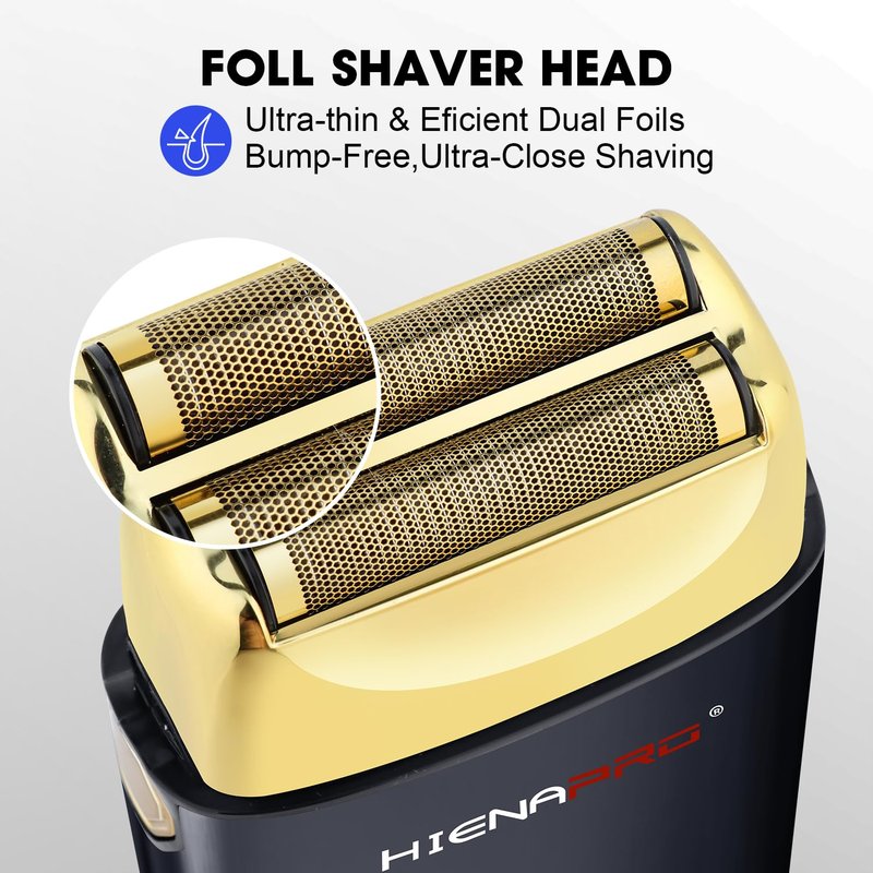 HIENA PRO Foil Shaver for Men Barber, Double Electric Foil Trimmer, Professional Electric Razor, Close Shaver, Cordless Rechargeable with USB, Detachable Design, LED Display, Black Gold