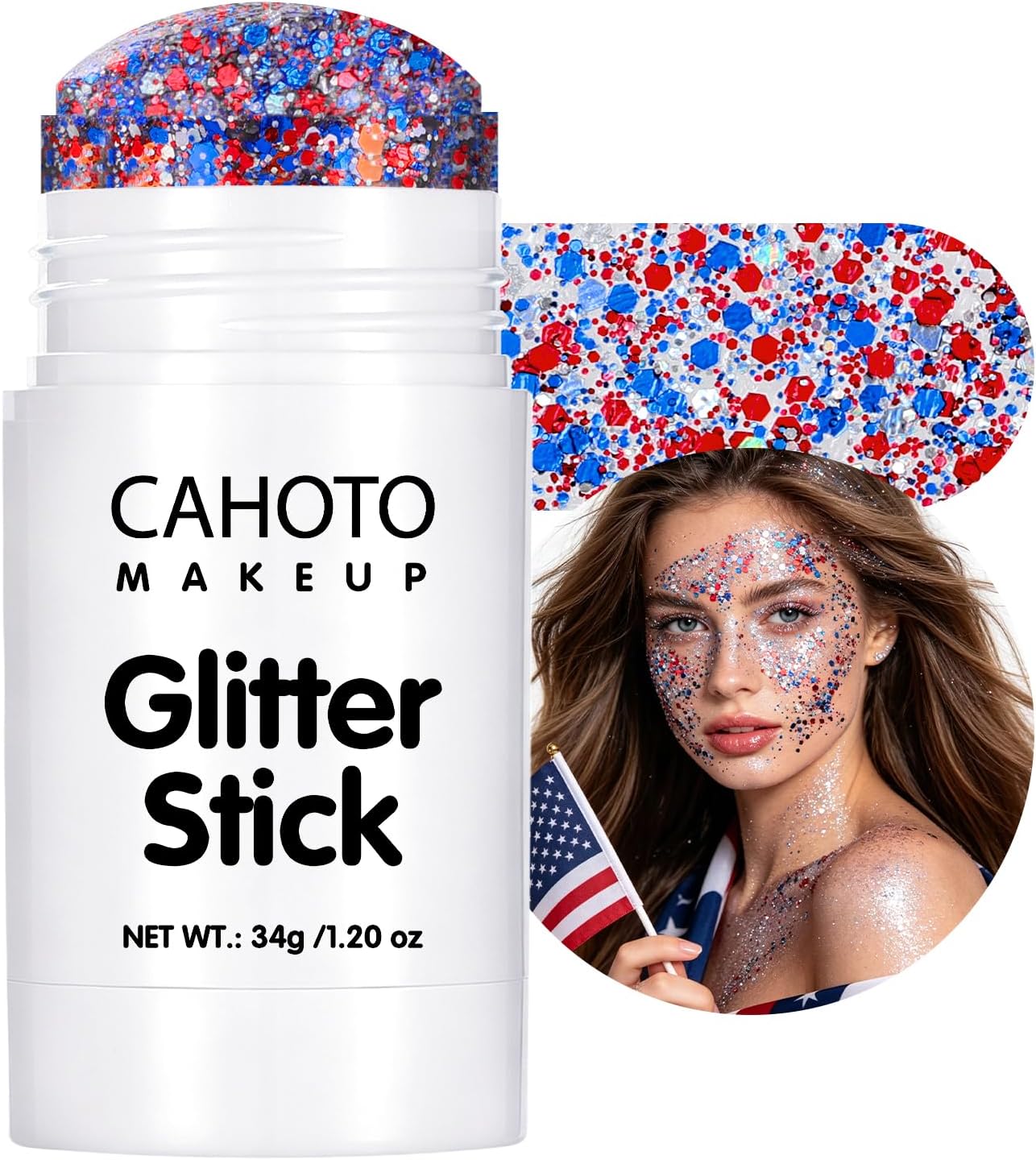 Glitter Stick - Red White Blue Star for Face, Body & Hair | Patriotic Sparkling Sequins for 4th of July & Memorial Day, 1.2oz