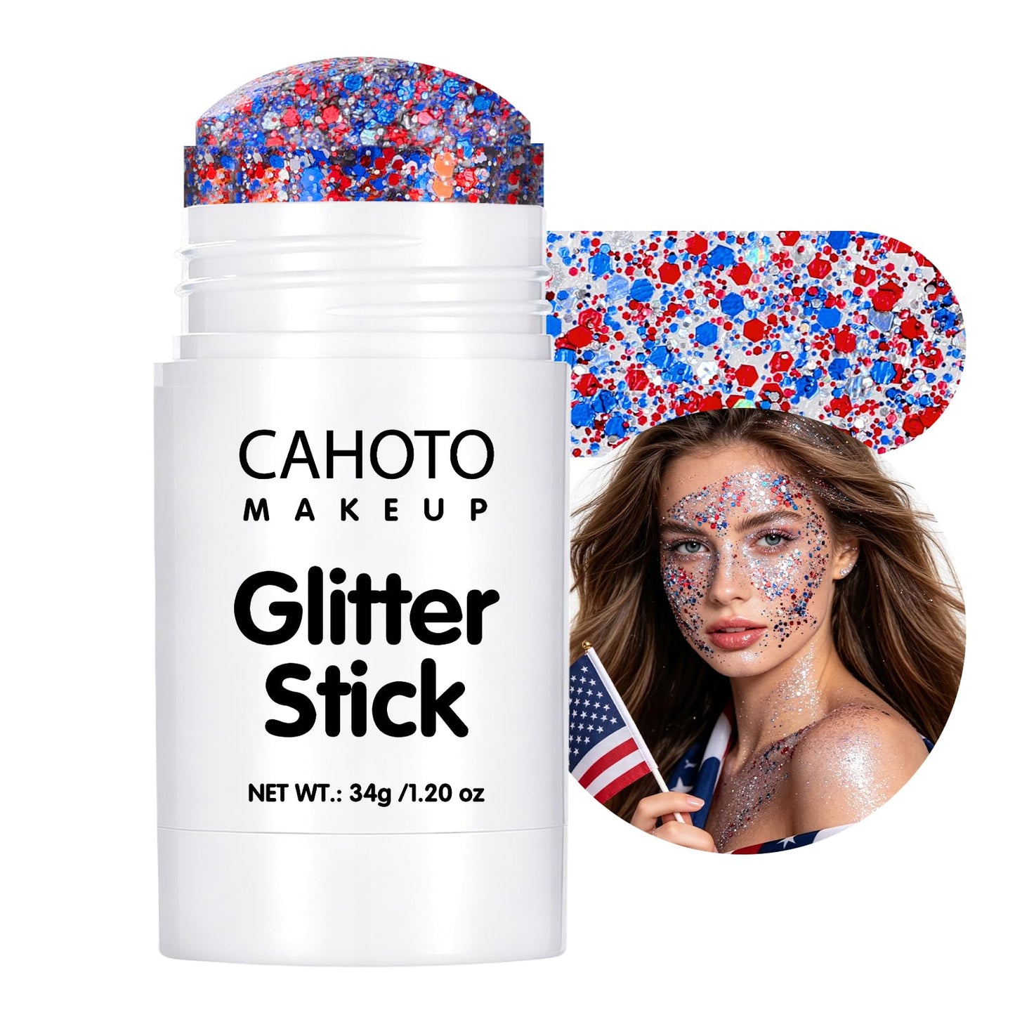 CAHOTO Hex Glitter Stick, Red White Blue Hexagon for Face Body Hair, Patriotic Pride USA Flag Sparkling Sequins for Independence Day 4th of July Memorial Day Semiquincentennial 250 Anniversary, 1.2oz