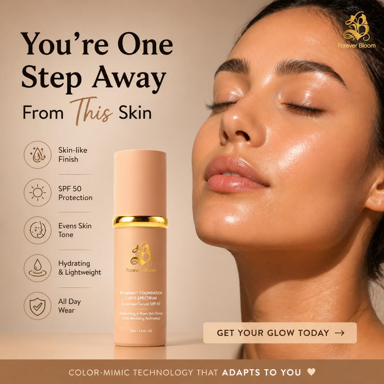Bio Mimic Foundation - Lightweight SPF 50 Hydrating Makeup for Mature Sensitive Skin | Evens Tone & Conceals