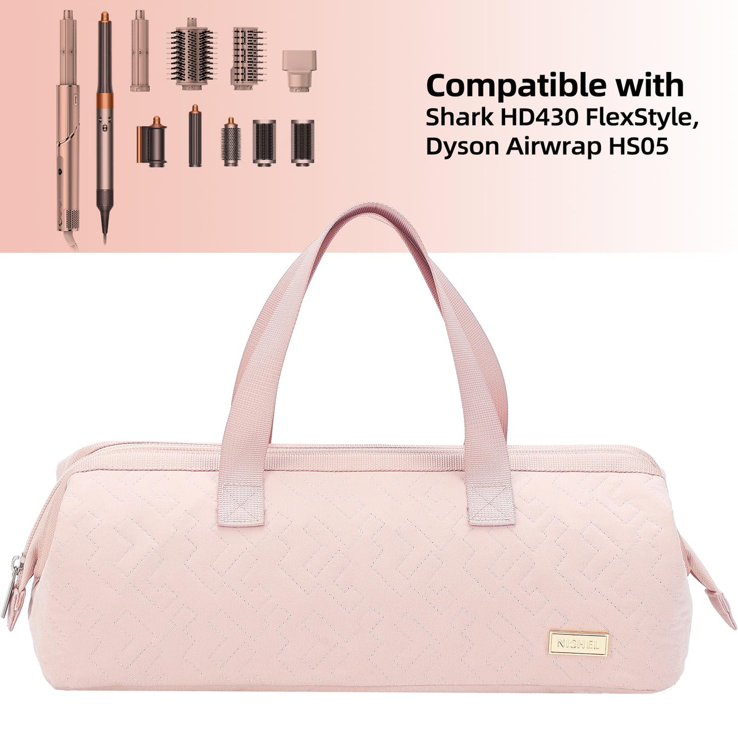 NISHEL Hair Tools Travel Carrying Bag, Portable Hair Air Wrap Dryer Case, Hair Dryer/Curling Iron/Airstraight Attachment Organizer, Pink