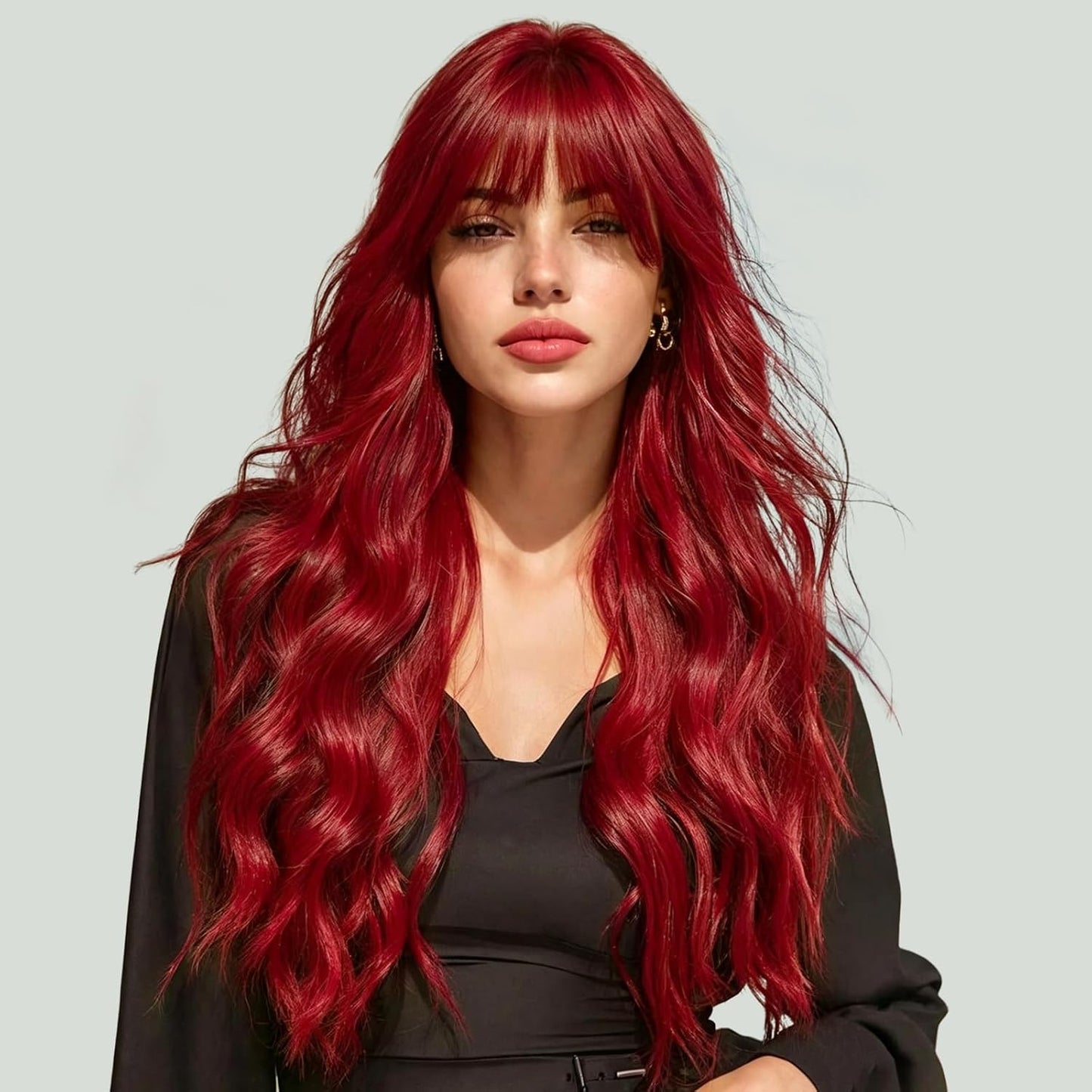 NOSTALGIA Black Wig - Long Curly Wavy Synthetic Wig with Bangs for Women | Perfect for Daily or Party Wear