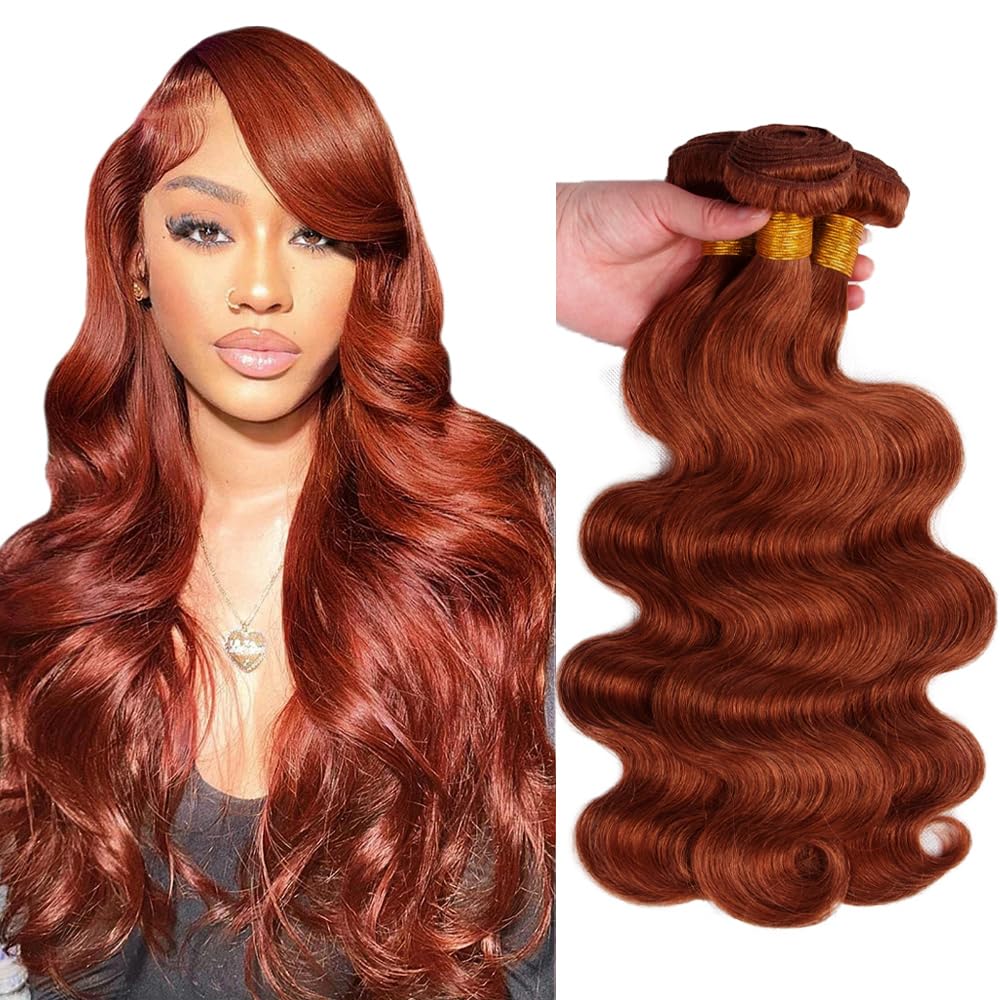 22 24 26 Inch Body Wave Bundles Human Hair #33 Reddish Brown Human Hair Bundles Huxowax Auburn Bundles Weave 3 Bundles Total 150g