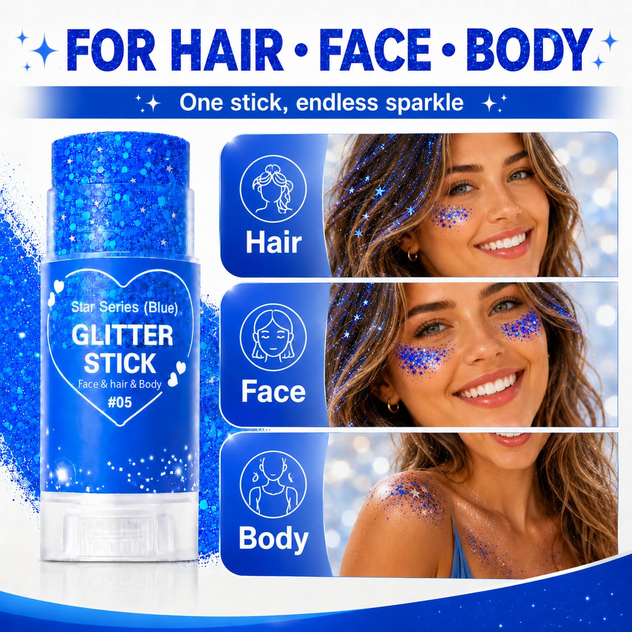 Blue Glitter Stick for Hair Face and Body, Blue Hair Glitter Makeup Stick with Chunky Sequins, Rave Carnival Concert Festival Accessories for Women, 4th of July Sports Game Day Glitter (05Blue)