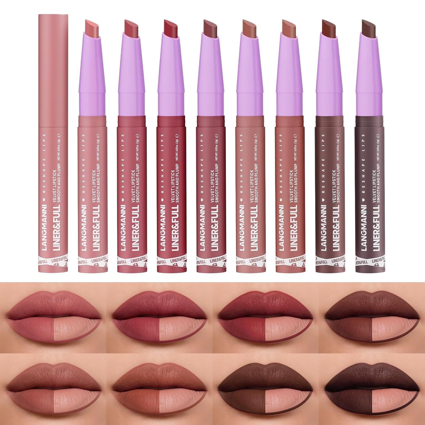 Langmanni Velvet Matte Lipstick Set - 8Pcs 2-in-1 Lip Liner & Full-Size Lipstick | Unique Teardrop Shape Gift for Women
