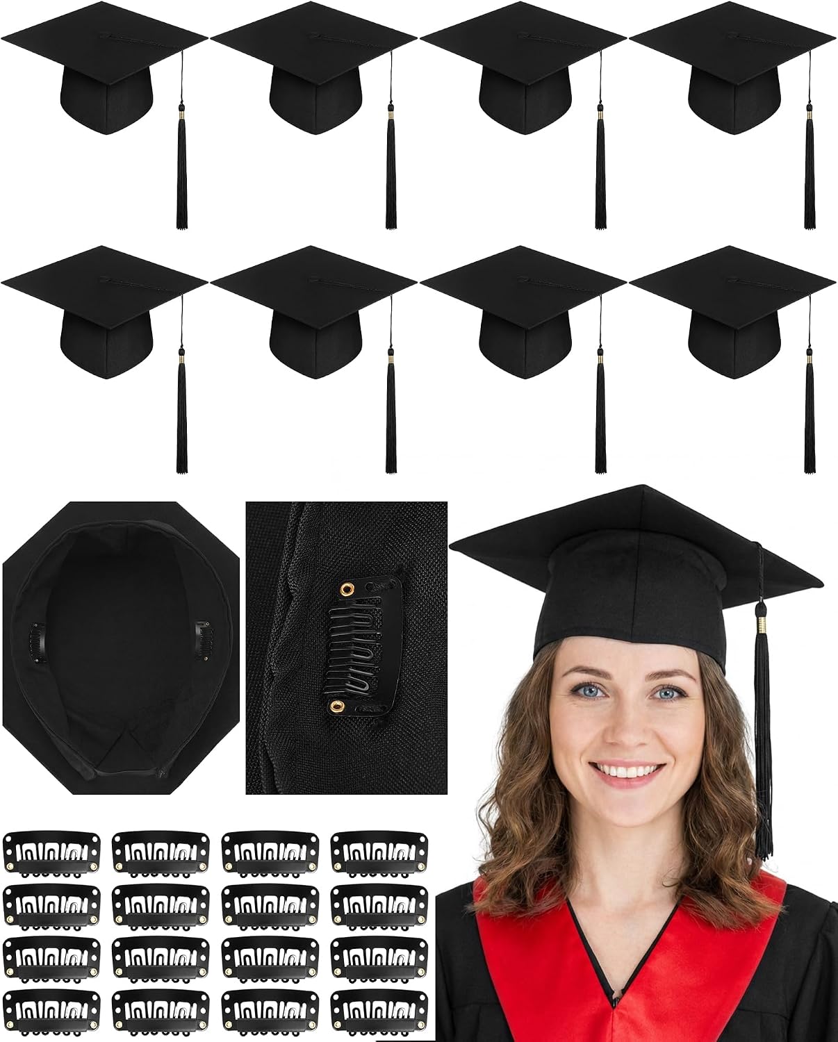Black Graduation Caps for Long Hair - No Slip Design with Built-in Hair Secure Clips | 8 Pcs for 2026 Graduates