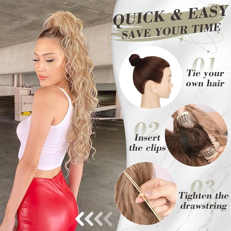 Blonde Ponytail Extensions - 26 Inch Curly Wavy Drawstring Hairpiece for Women | Light Blonde Mixed