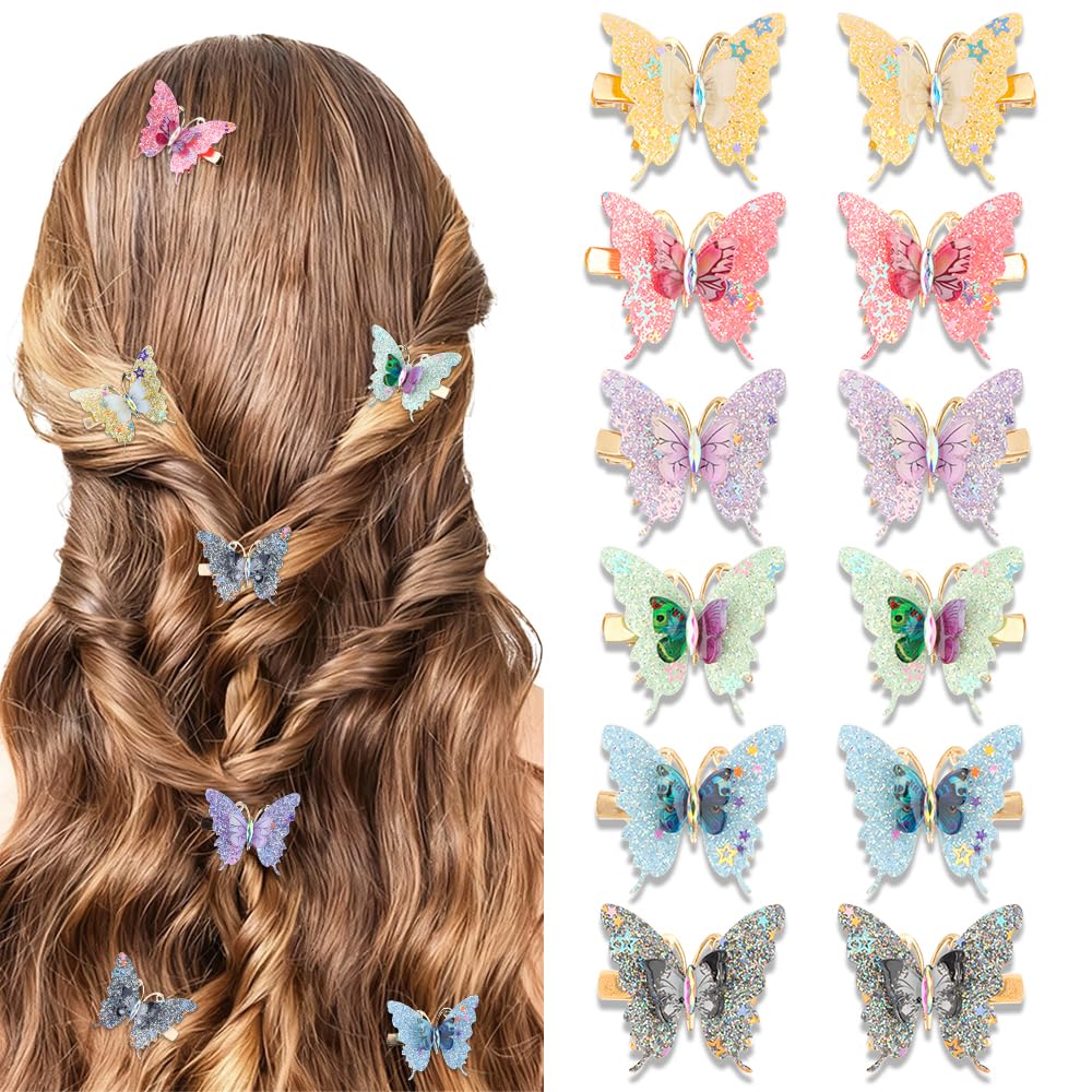 TODDER 12 PCS Glitter Butterfly Hair Clips, Sparkly Fairy Y2k Hair Clips for Women and Girls Butterfly Hair Accessories for Themed Party, Prom, Birthday, Wedding and Back to School