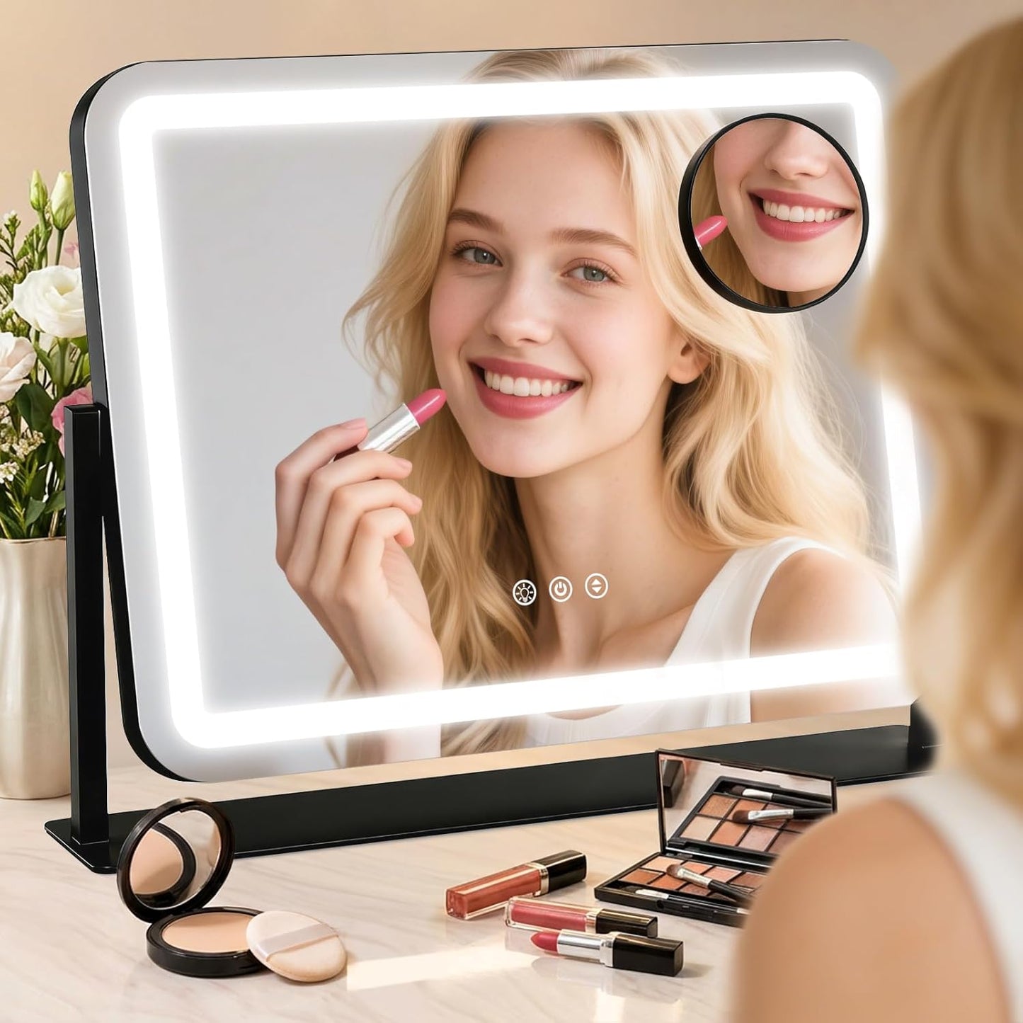 Lighted Makeup Mirror with 10X Magnification - 3 Color Dimmable Lights, 360° Rotation | 22"x17", Black