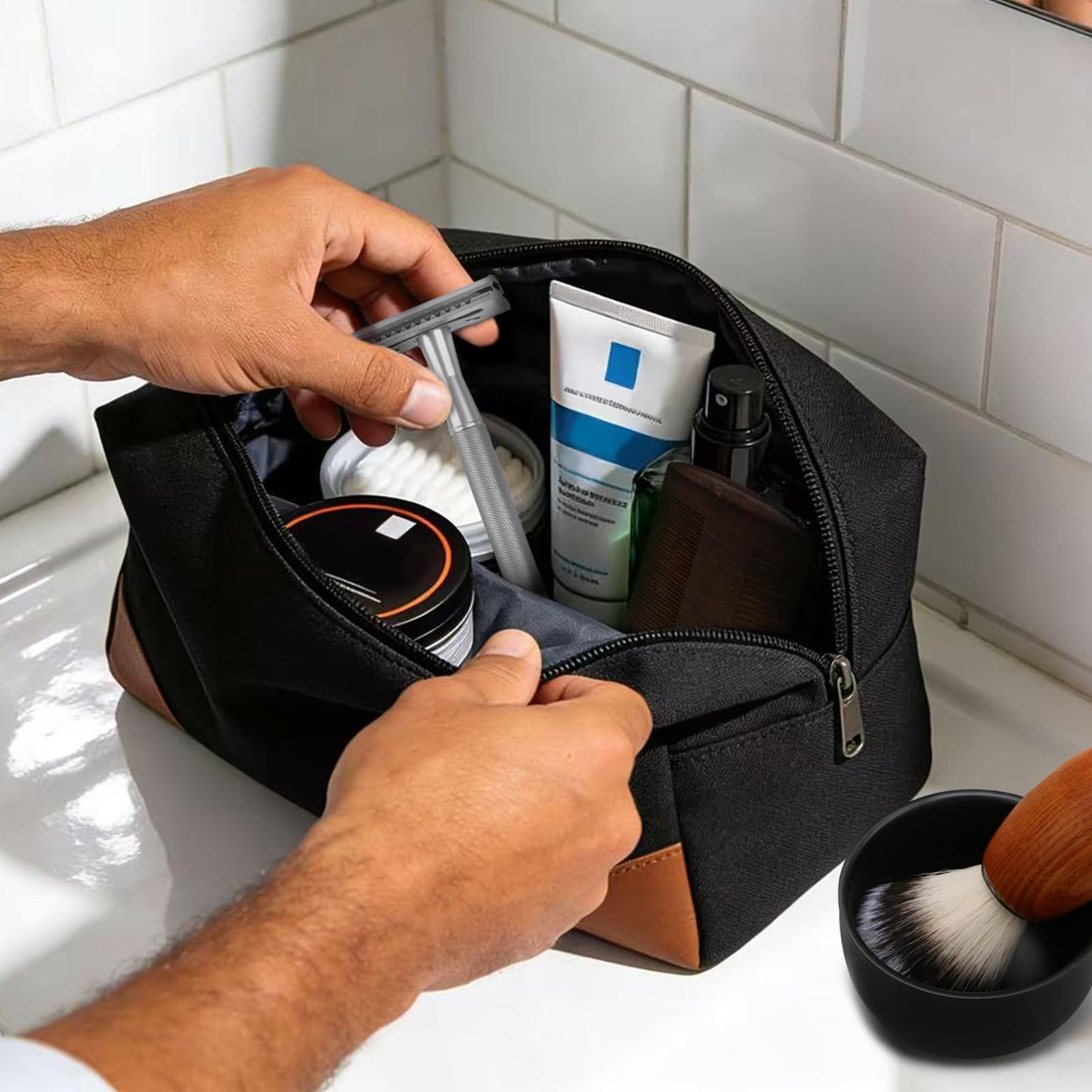 THURLADY Shaving Kit Gifts for Men, Single Blade Safety Razor Kit, Includes Safety Razor, Double Edge Blades, Blade Container, Razor Stand, Shaving Brush & Bowl, Beard Comb, Travel Toiletry Bag