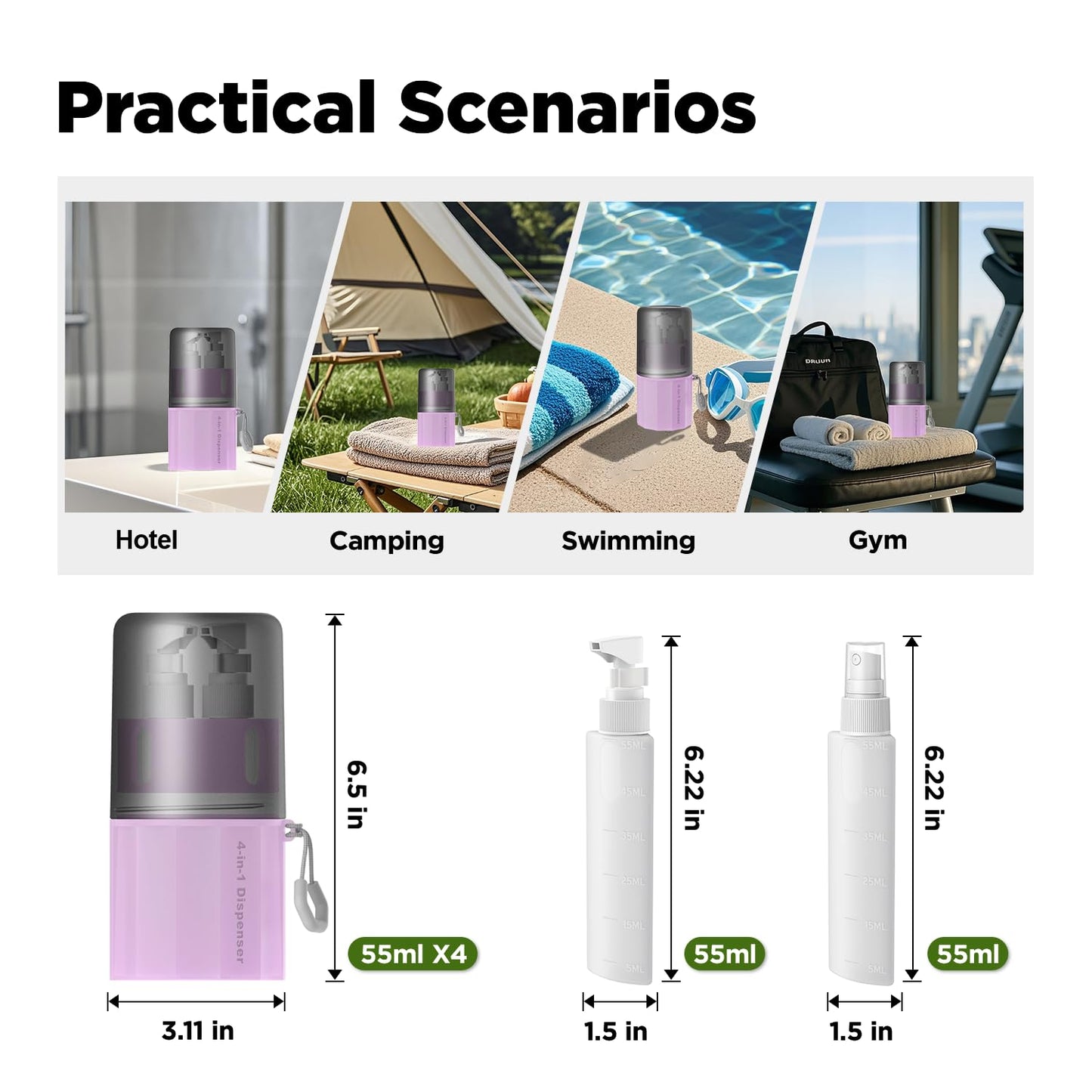 YOTIME 4 in 1 Travel Dispenser Bottle - TSA Approved Leak Proof Silicone Suction Cup for Smooth Walls | Pink