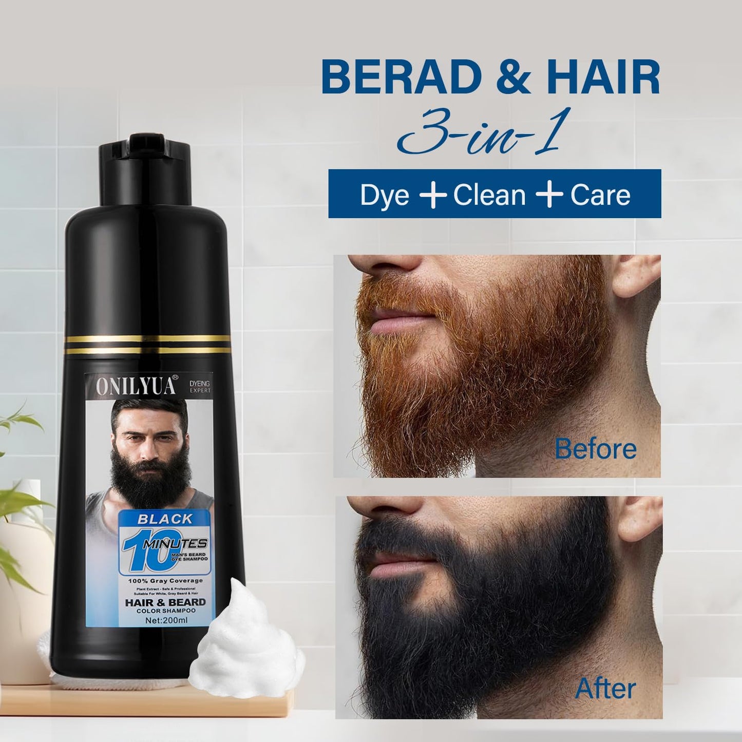 Men's Beard Dye & Hair Dye Shampoo - Semi-Permanent Black Beard Color for Instant Gray Coverage | Natural Formula, Works in 10 Minutes