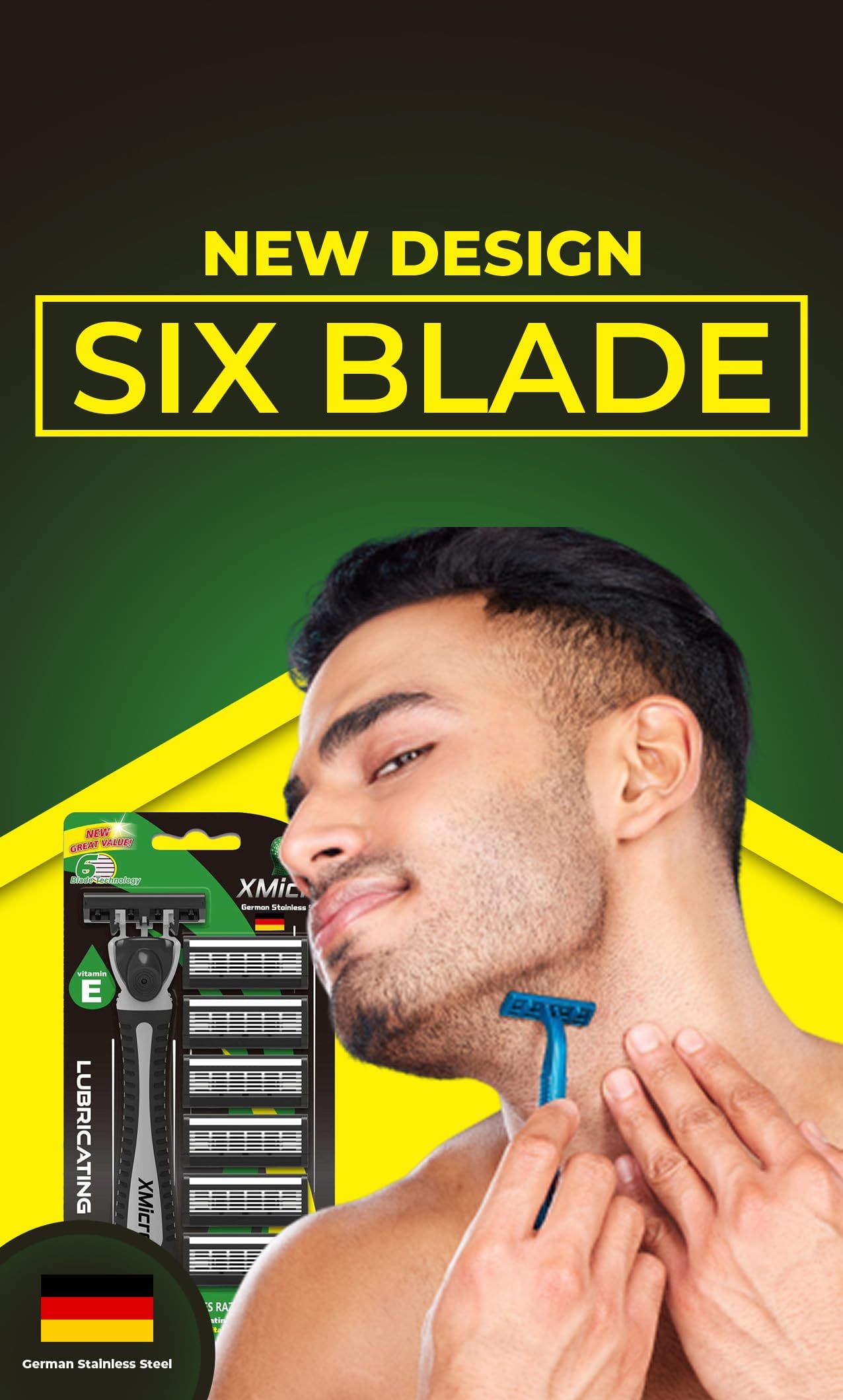 XMicro® Razors for Men, 1 Razor, 7 Blade Refills with German Stainless Steel, Lubricated with Vitamin E, Aloe for Smooth Shave, Shields Against Irritation, Light Weight Version X Men