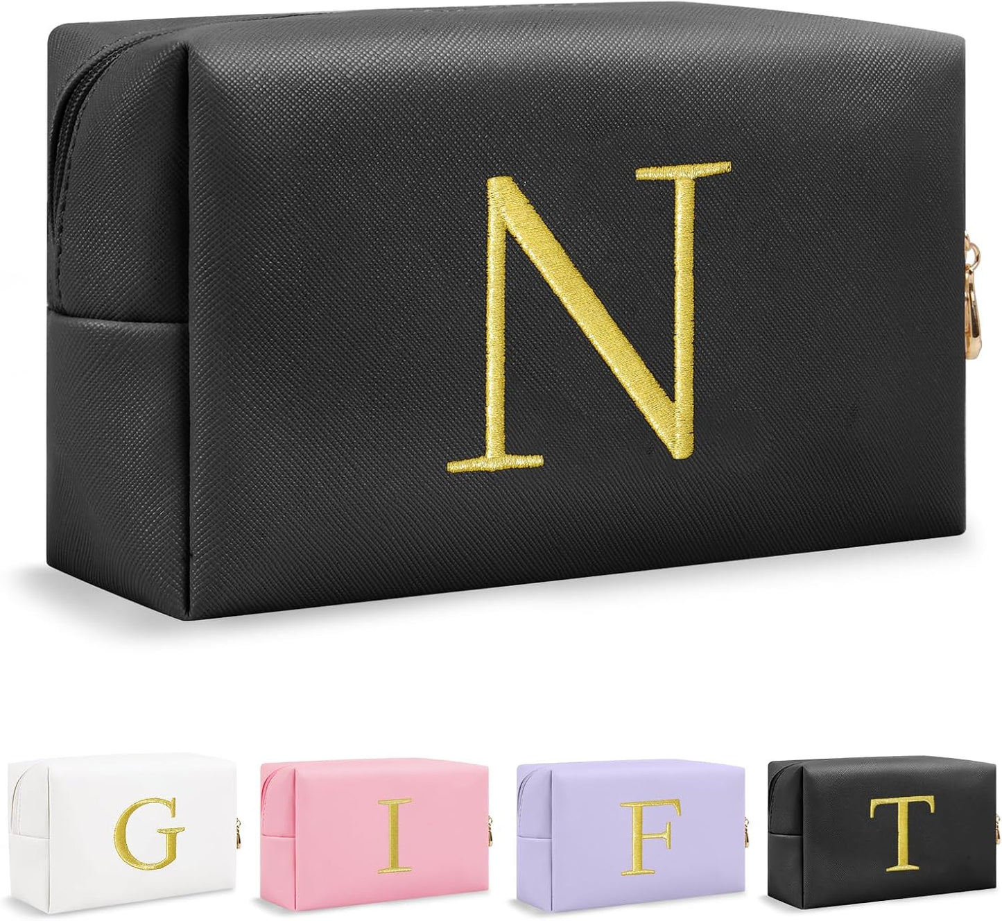 Personalized Initial Makeup Bag - Gold Embroidered Cosmetic Bag for Teens | Custom Travel Toiletry Bag (Black)