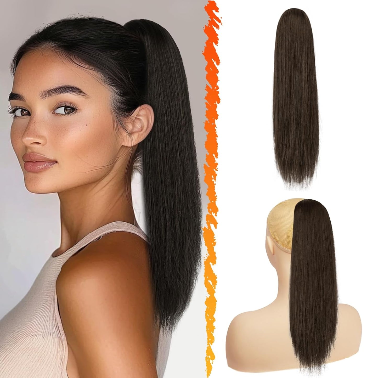 Long Straight Ponytail Extension - 26 Inch Brown Synthetic Clip-In Hairpiece for Women | Light Brown Mixed