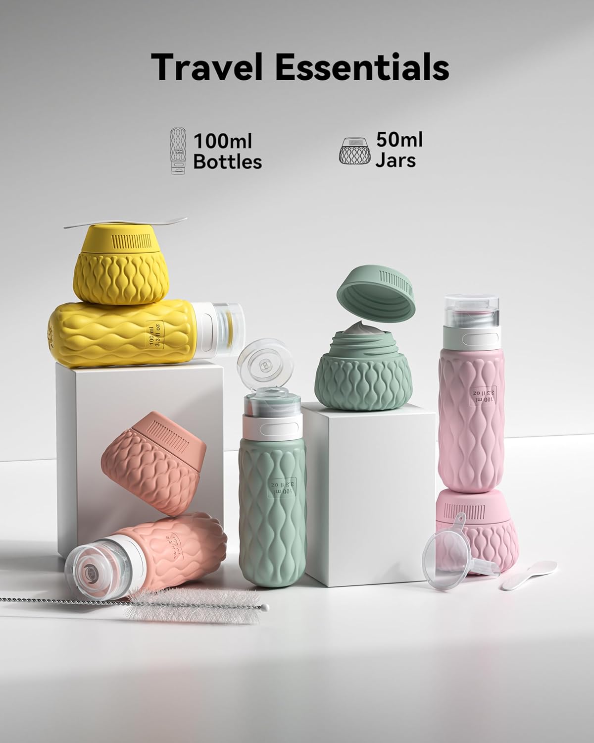 Silicone Travel Bottles - Leakproof 8-Pack Toiletry Containers | 3.4 oz & 1.7 oz for Shampoo & Creams